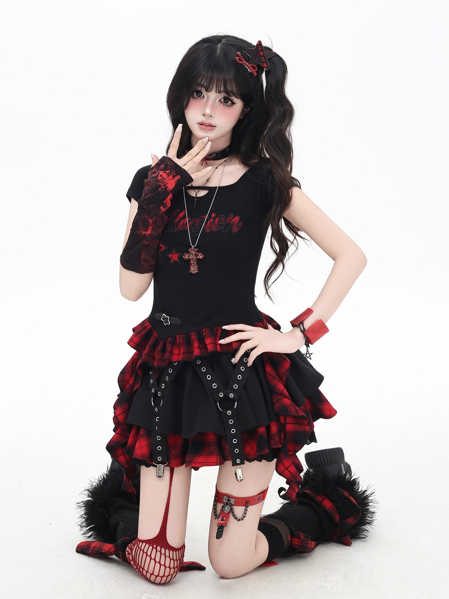 Crazy Girl Black Red Plaid Pleated Lace Bow A Line Women&