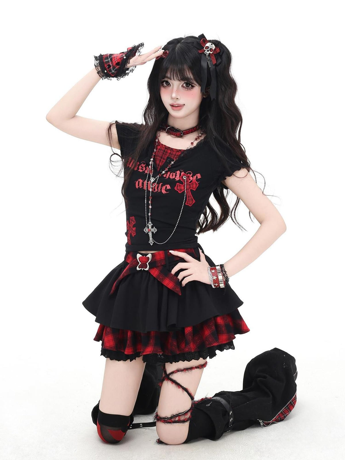 Crazy Girl Black Red Plaid Pleated Lace Bow A Line Women&