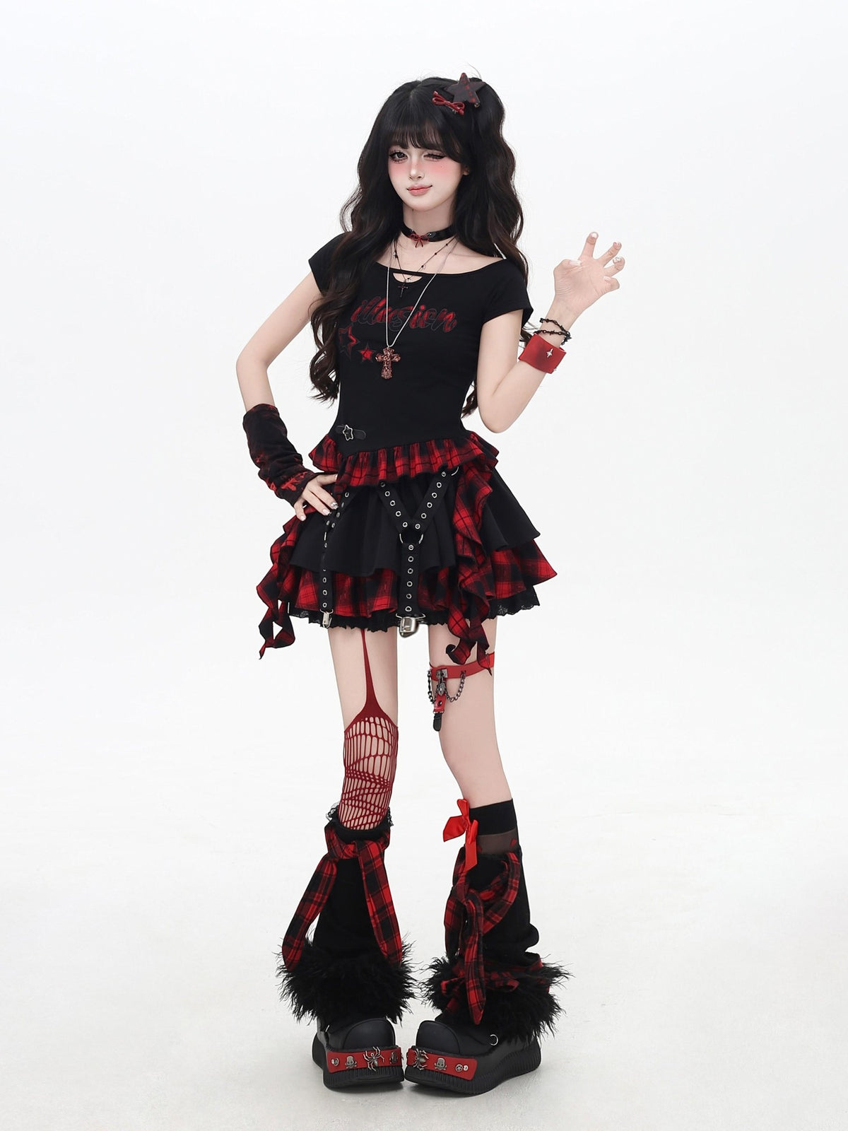 Crazy Girl Black Red Plaid Pleated Lace Bow A Line Women&