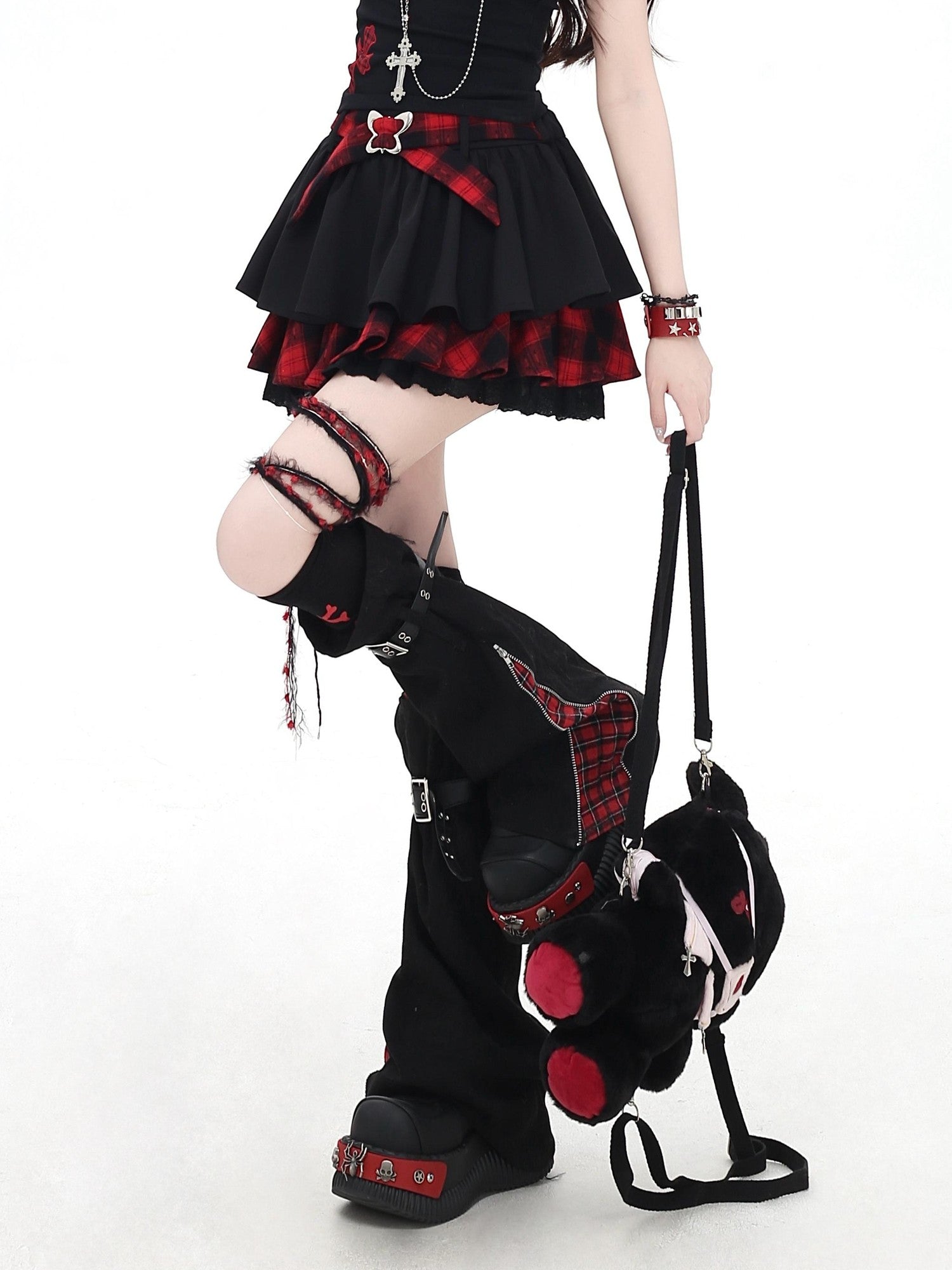 Crazy Girl Black Red Plaid Pleated Lace Bow A Line Women&