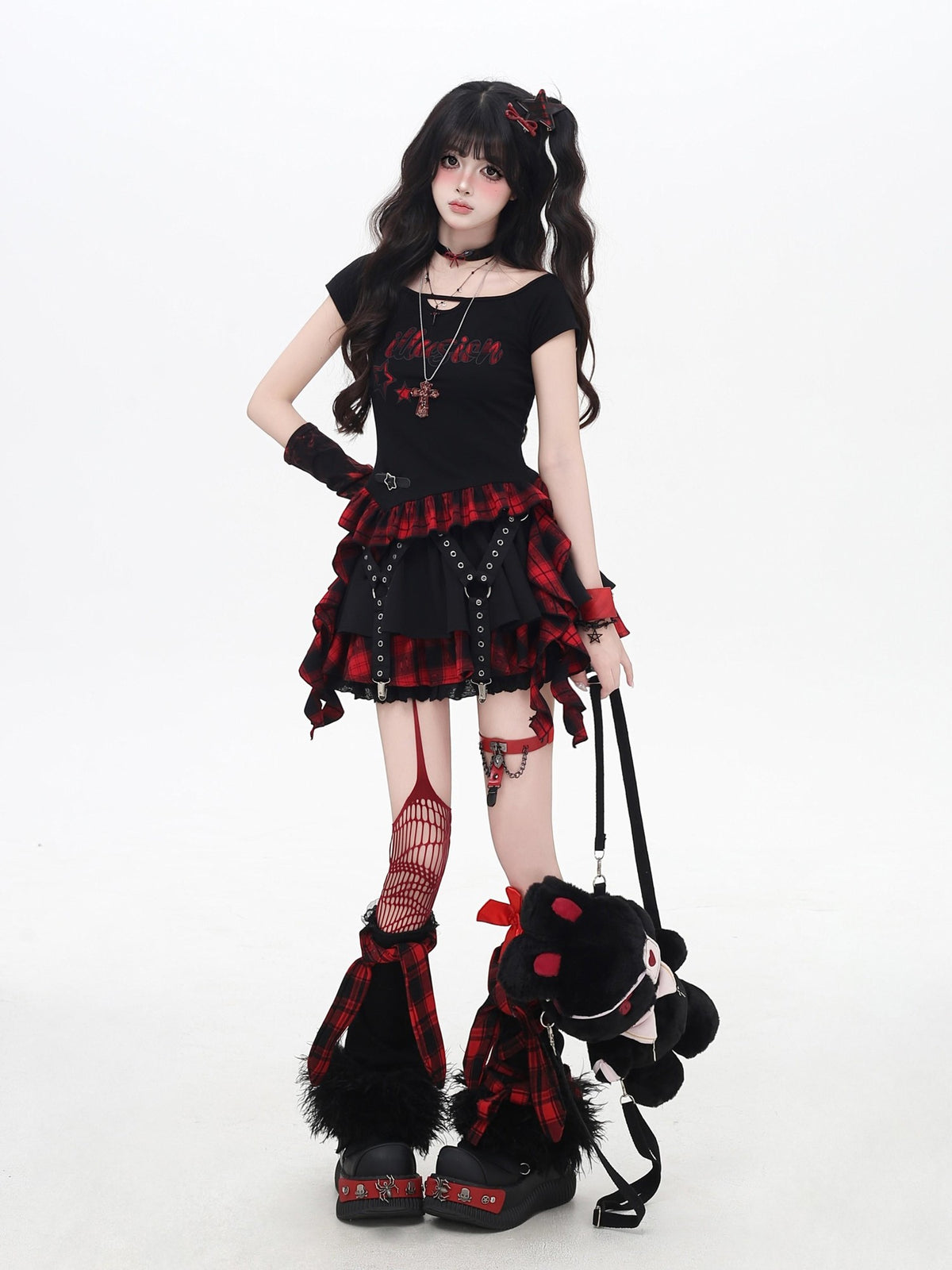 Crazy Girl Black Red Plaid Pleated Lace Bow A Line Women&