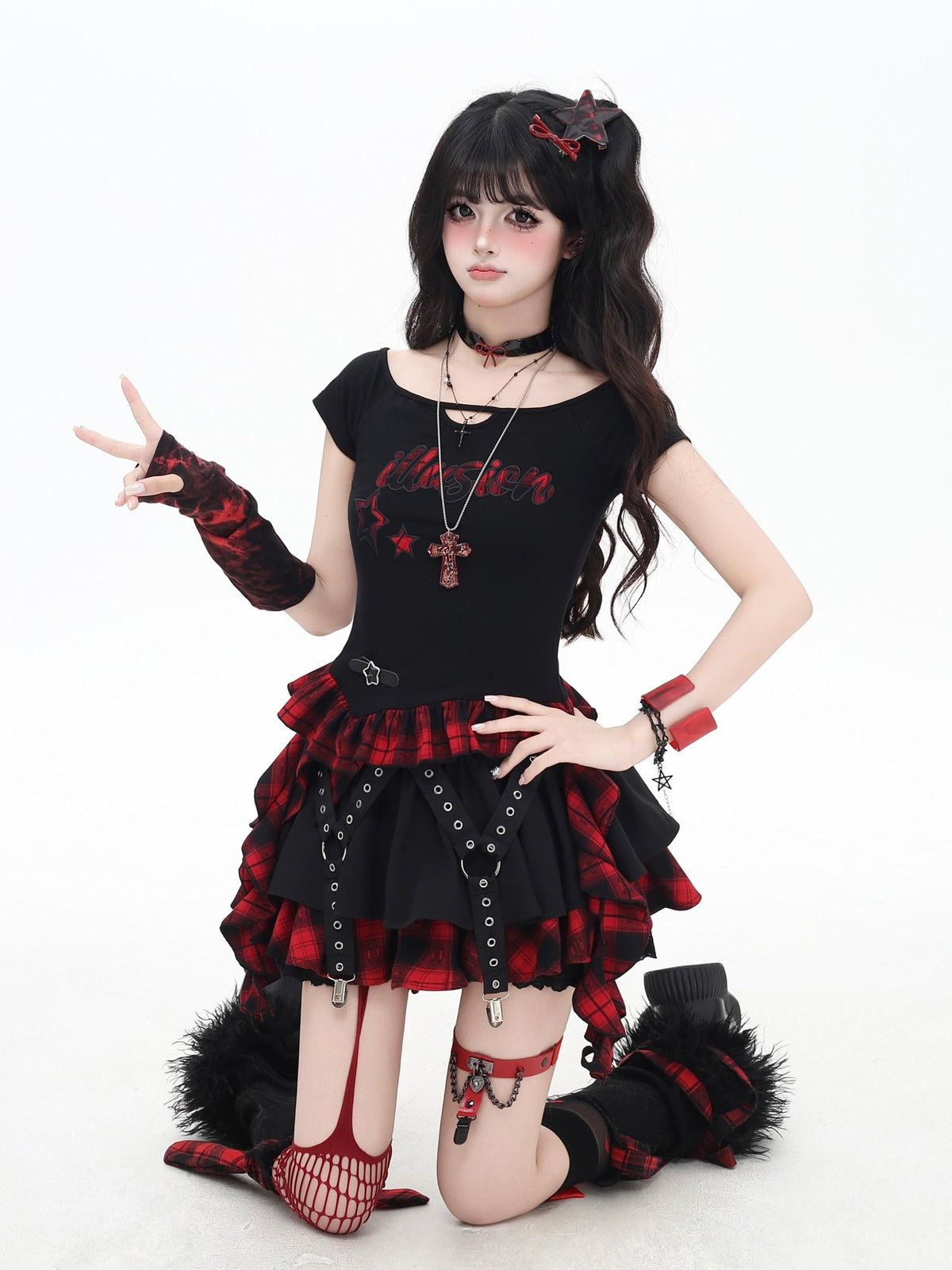 Crazy Girl Black Red Plaid Pleated Lace Bow A Line Women&