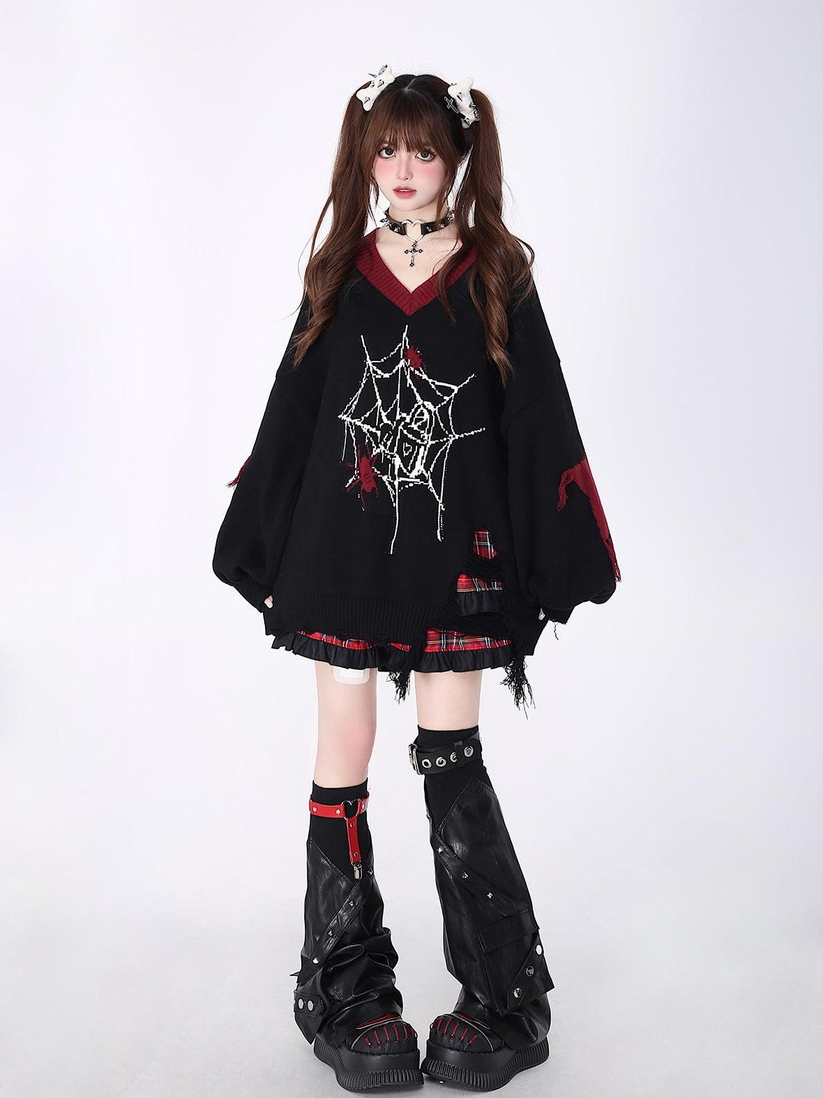 Crazy Girl Black Red V-neck Oversized Streetwear Knit Women&
