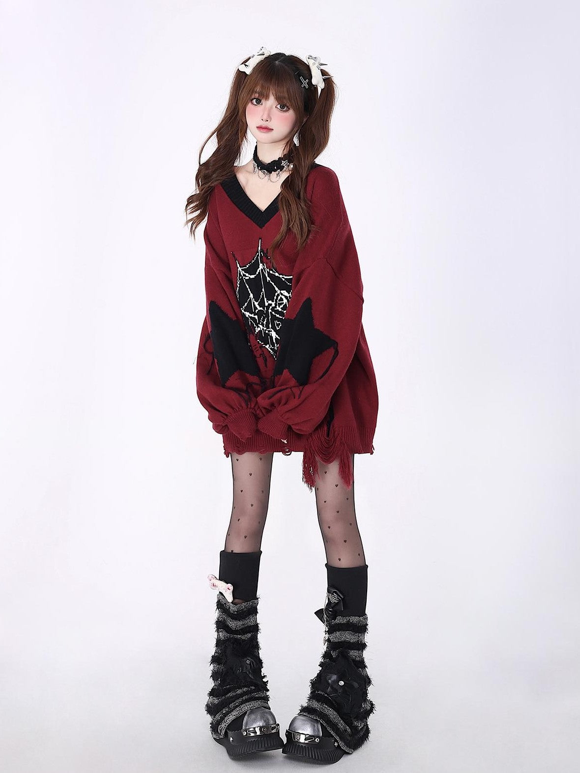 Crazy Girl Black Red V-neck Oversized Streetwear Knit Women&