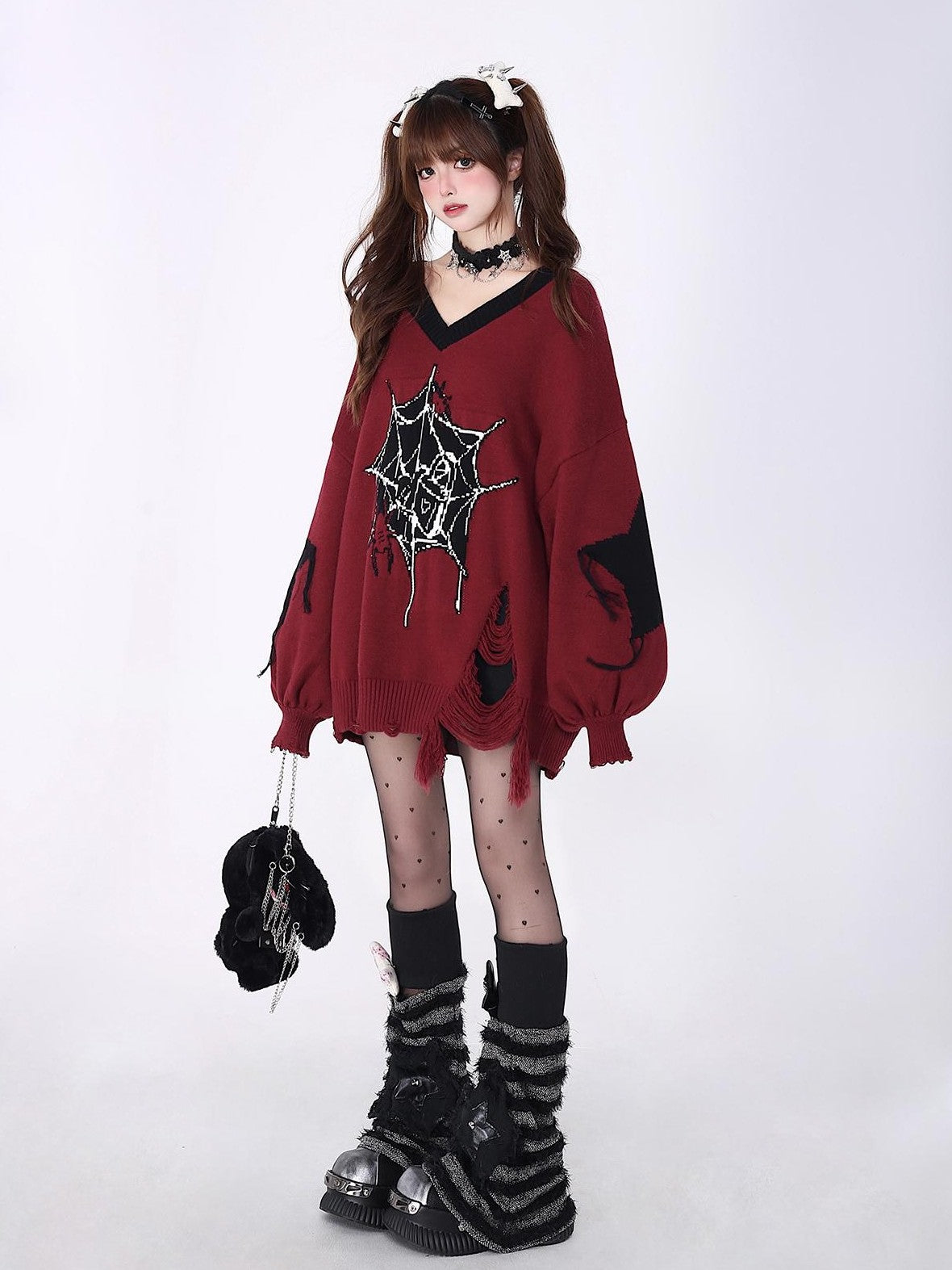 Crazy Girl Black Red V-neck Oversized Streetwear Knit Women&