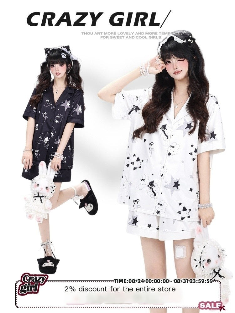 Crazy_Girl_Black_White_Bunny_Printed_Short_Sleeve_Women&