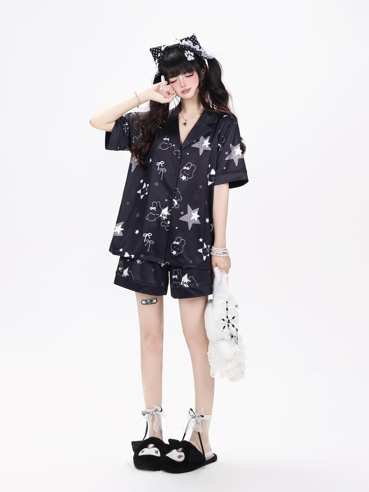 Crazy Girl Black White Bunny Printed Short Sleeve Women&