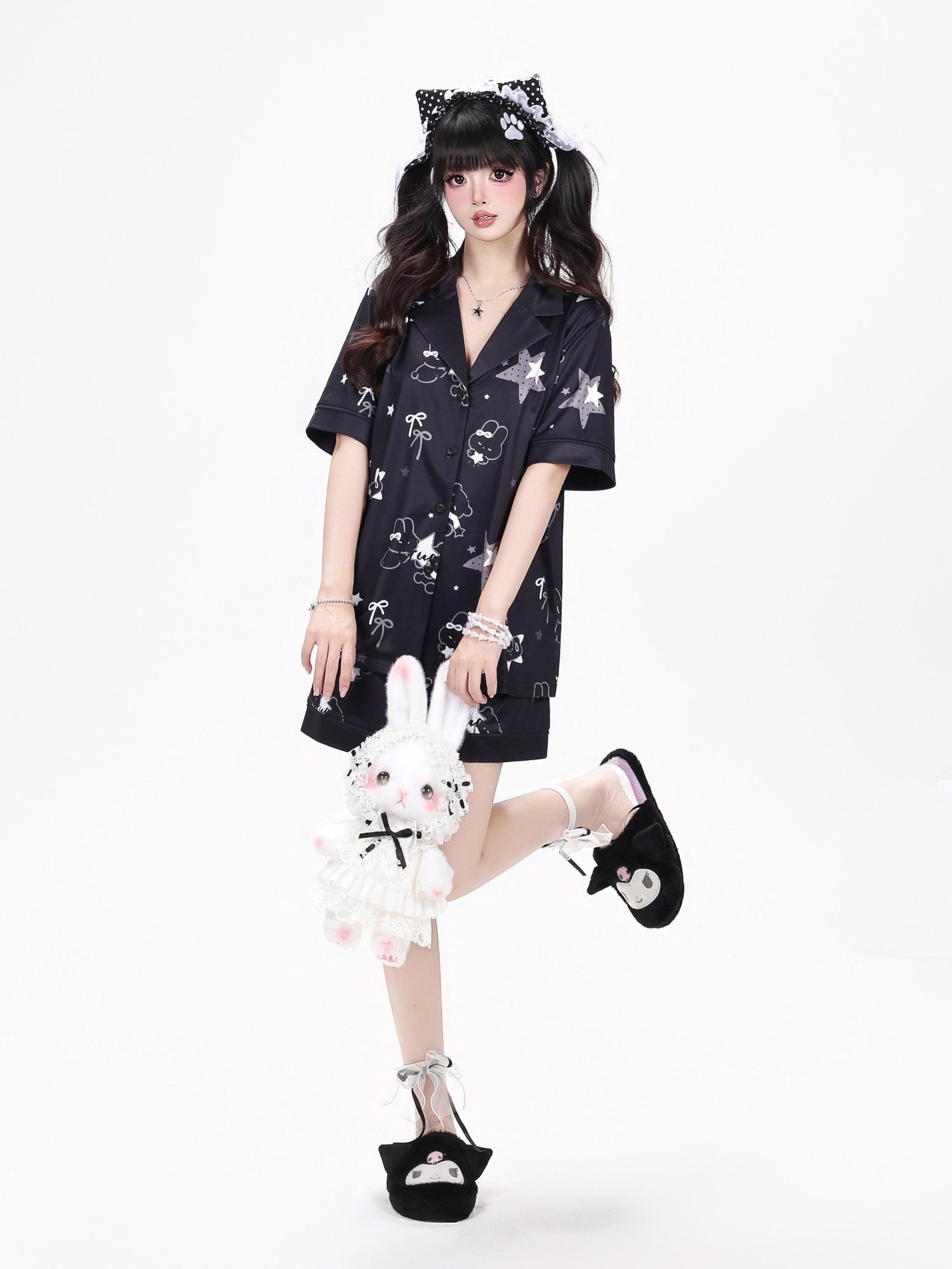 Crazy Girl Black White Bunny Printed Short Sleeve Women&