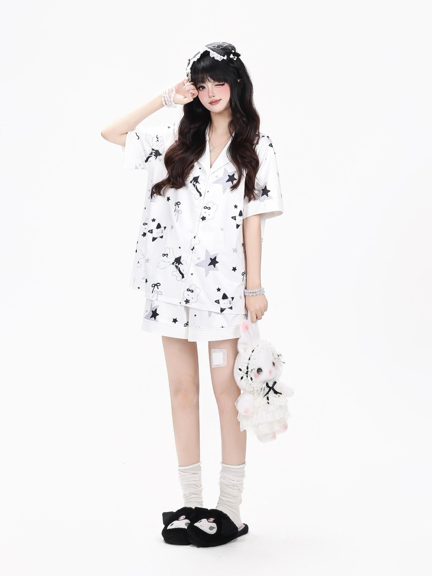 Crazy Girl Black White Bunny Printed Short Sleeve Women&