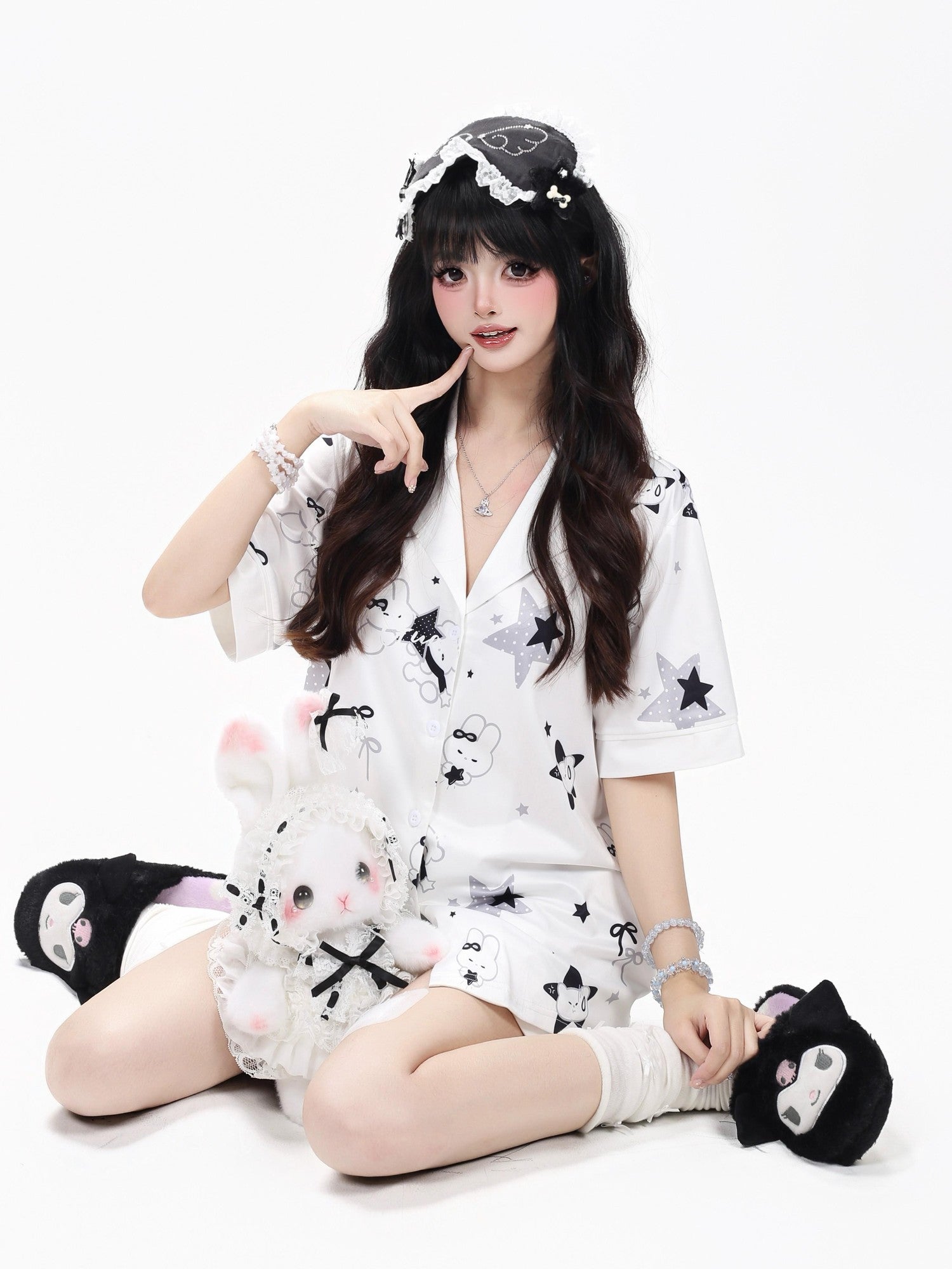 Crazy Girl Black White Bunny Printed Short Sleeve Women&