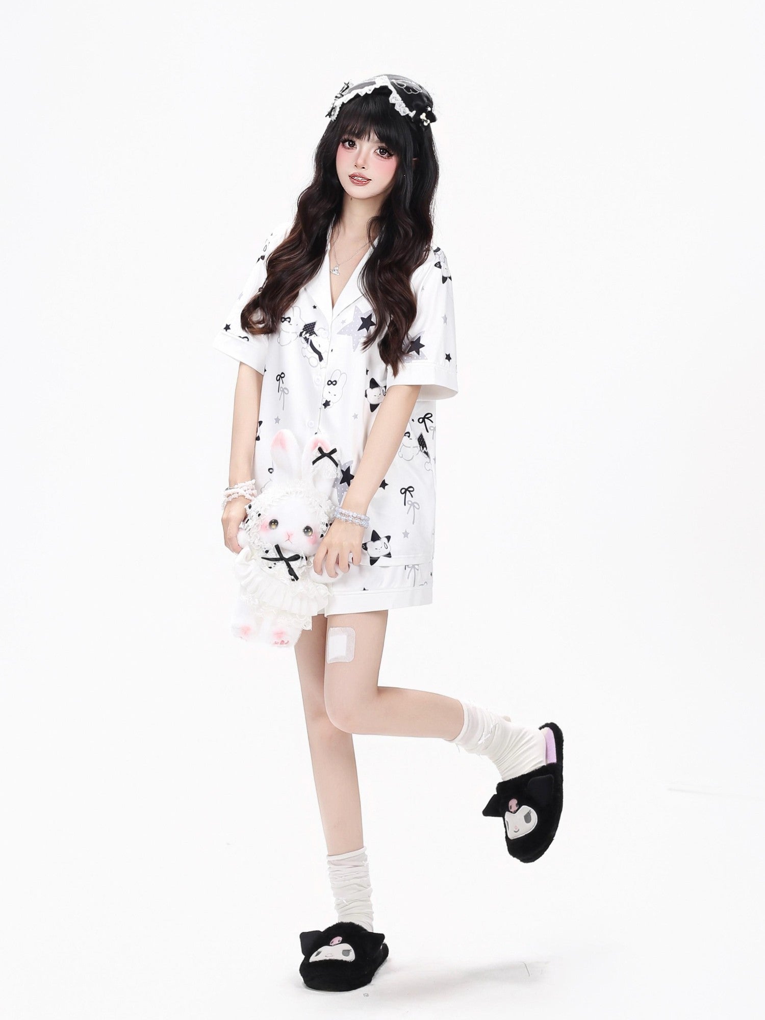 Crazy Girl Black White Bunny Printed Short Sleeve Women&