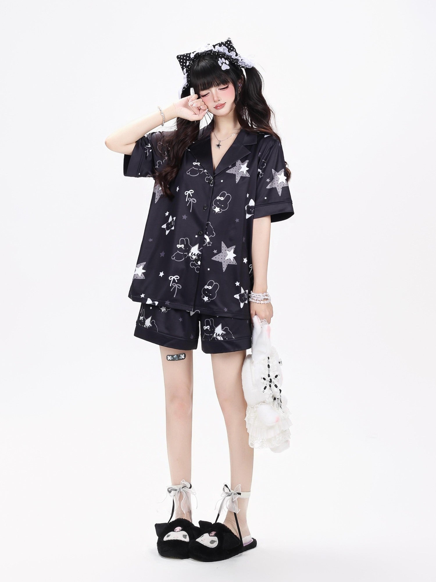 Crazy Girl Black White Bunny Printed Short Sleeve Women&