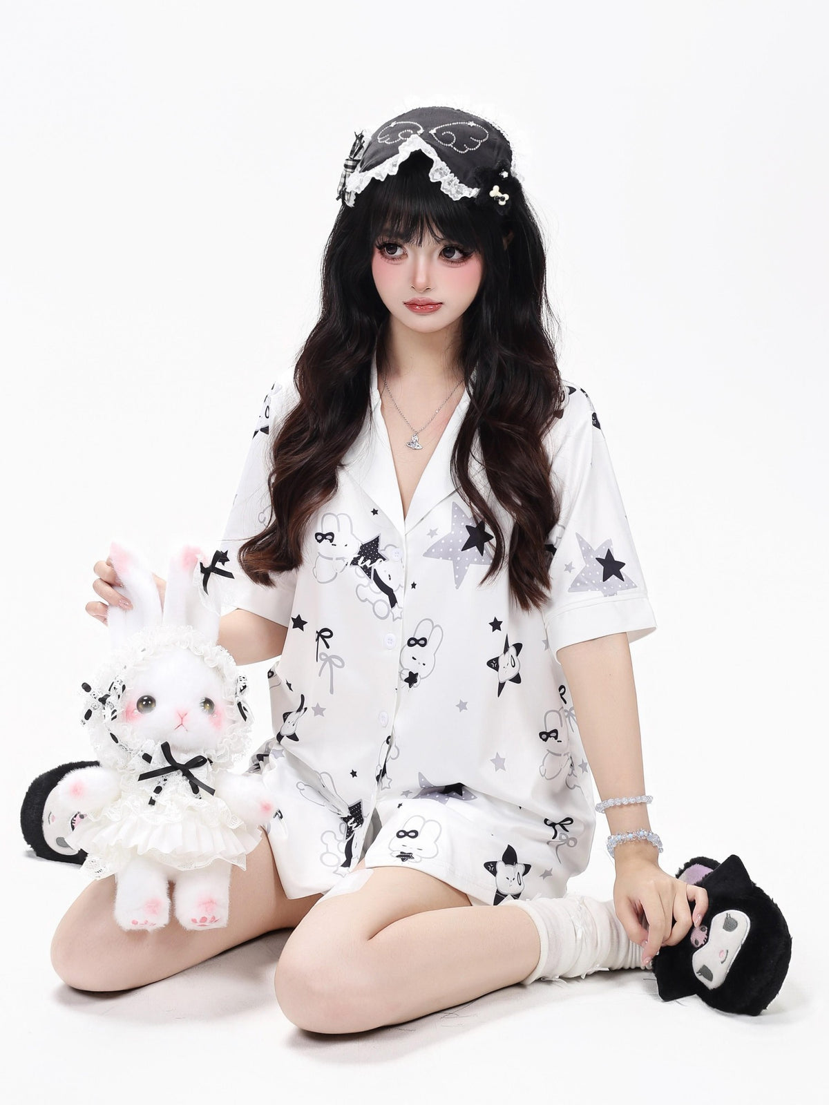 Crazy Girl Black White Bunny Printed Short Sleeve Women&
