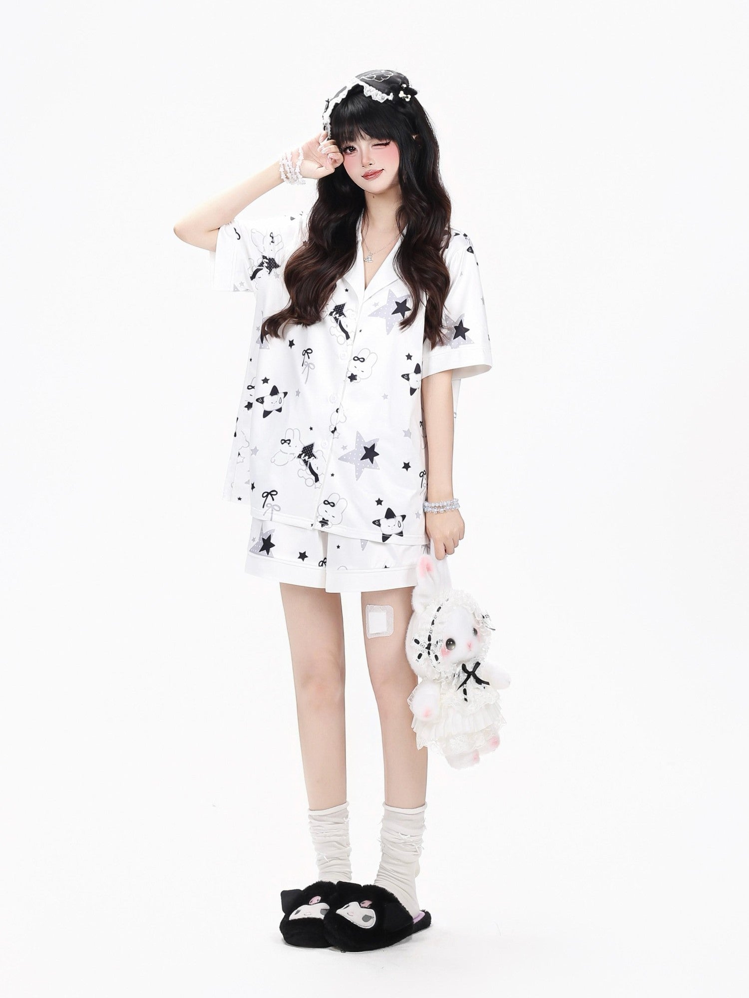 Crazy Girl Black White Bunny Printed Short Sleeve Women&