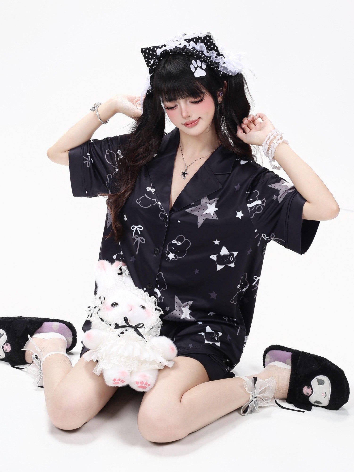 Crazy Girl Black White Bunny Printed Short Sleeve Women&