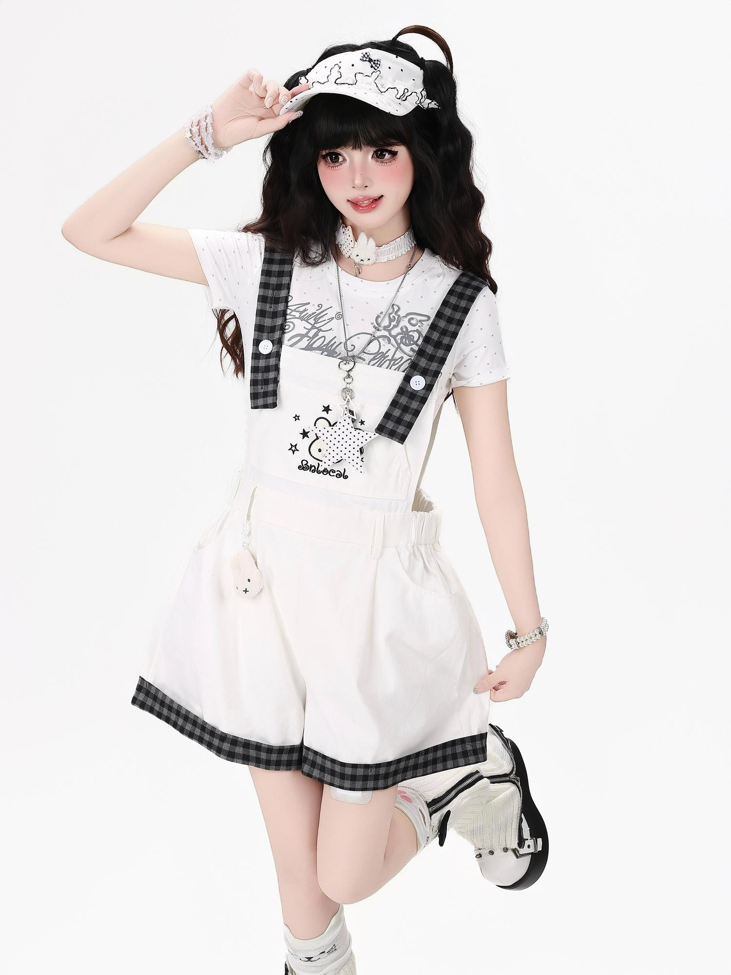 Crazy Girl Black White Check Rabbit Embroidered Loose Suspender Women&