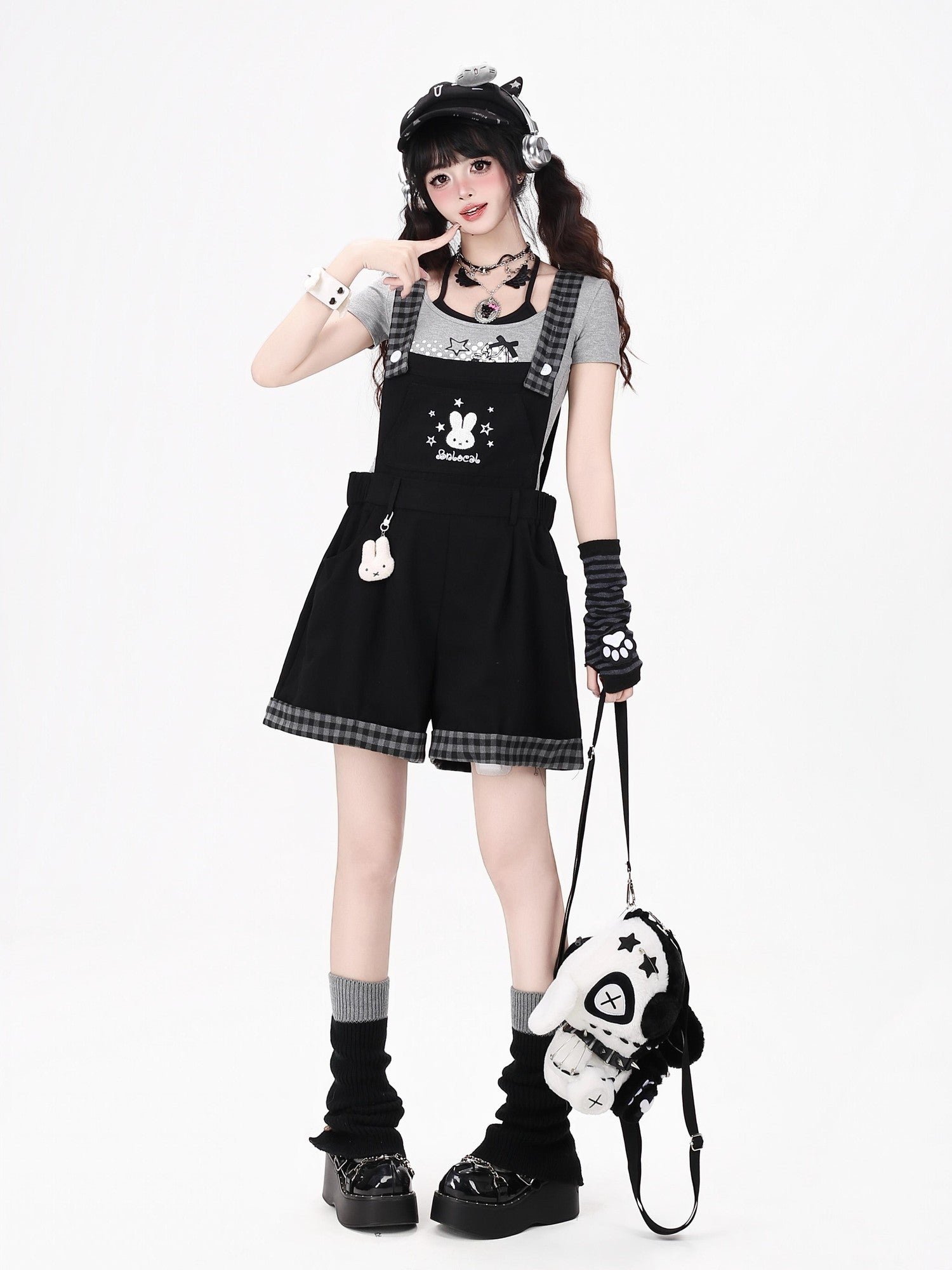 Crazy Girl Black White Check Rabbit Embroidered Loose Suspender Women&