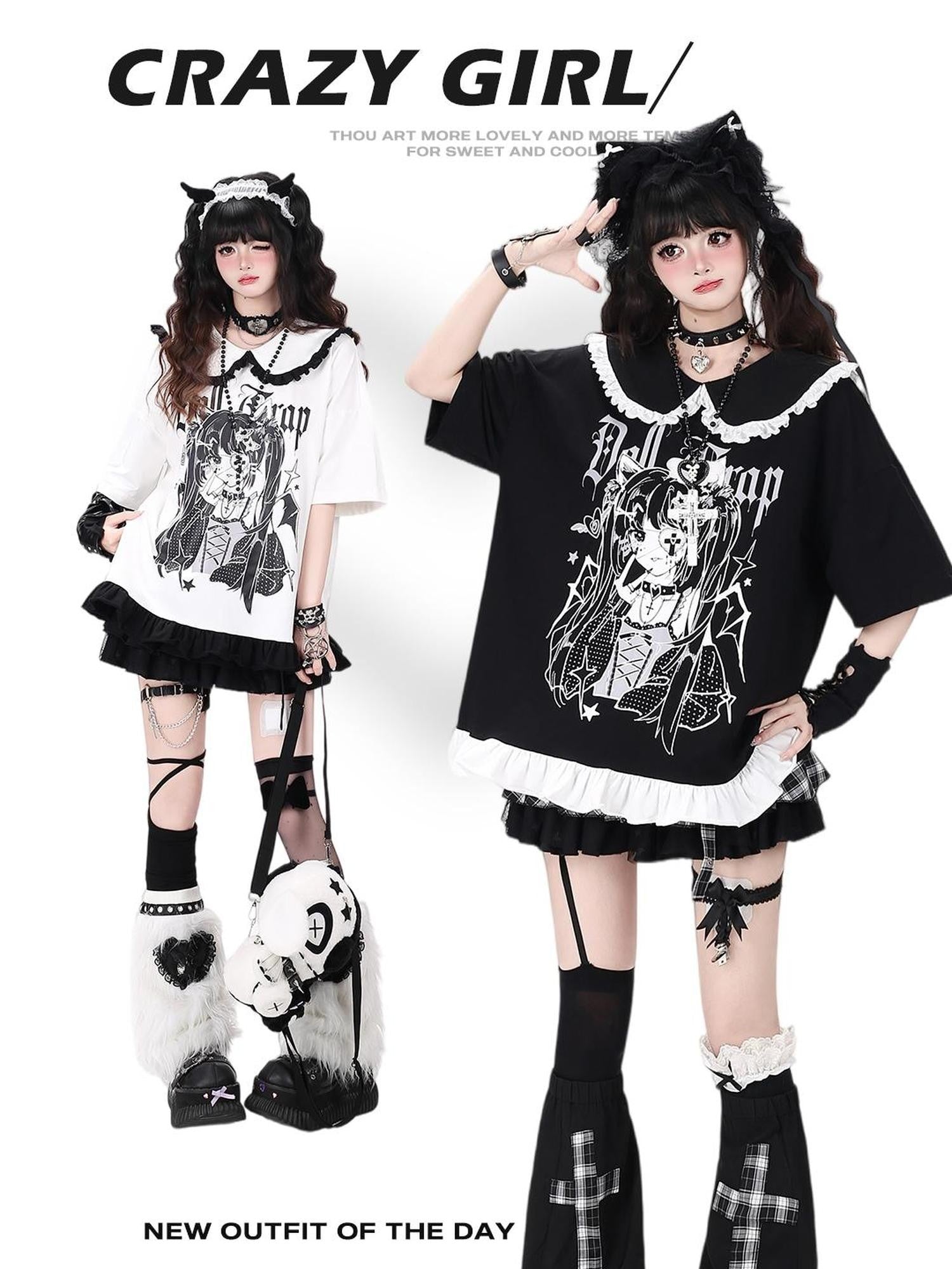 Crazy Girl Black White Patchwork Cartoon Dark Girl Women&