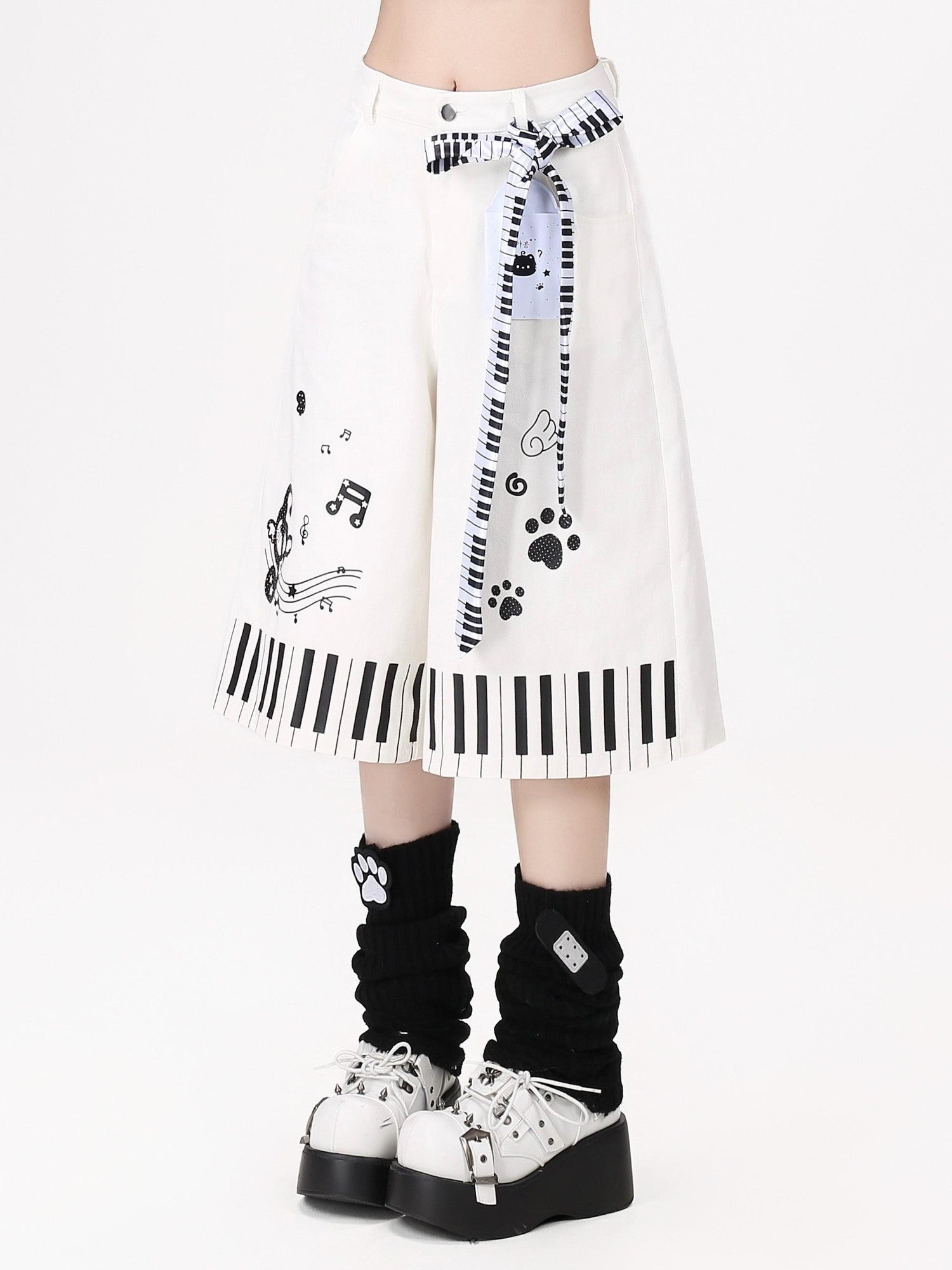 Crazy Girl Black White Piano Cat Print High Waist Wide Leg Loose Women&