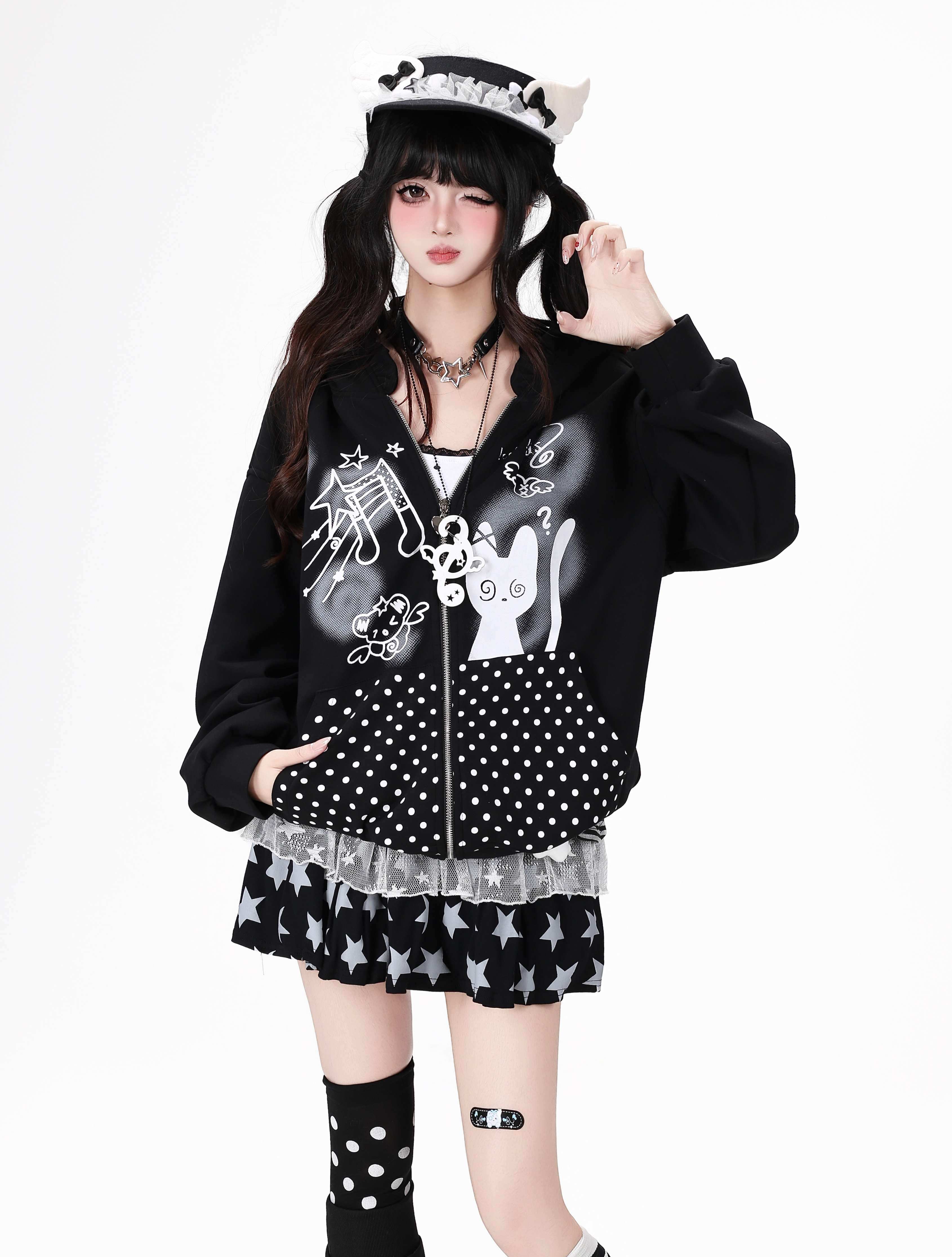Crazy_Girl_Black_White_Polka_Dot_Cat_Ruffle_Trim_Pocket_Hooded_Women&