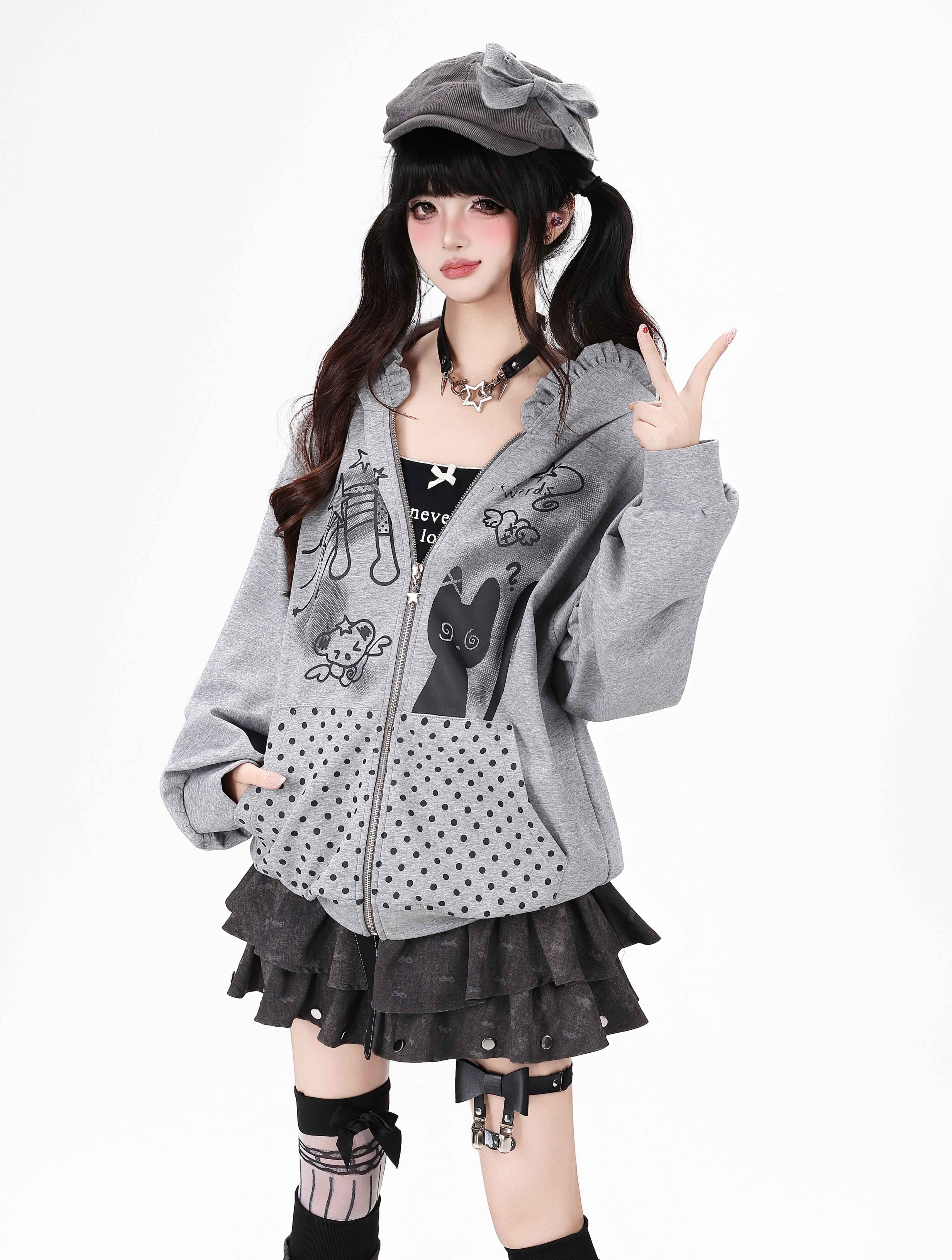 Crazy_Girl_Black_White_Polka_Dot_Cat_Ruffle_Trim_Pocket_Hooded_Women&
