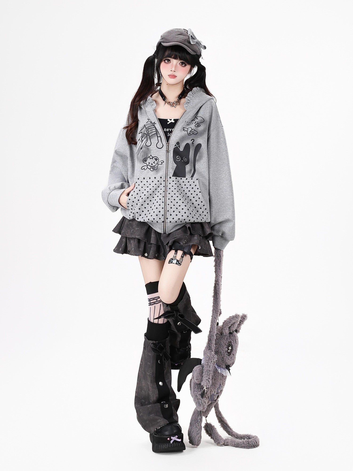 Crazy Girl Black White Polka Dot Cat Ruffle Trim Pocket Hooded Women&