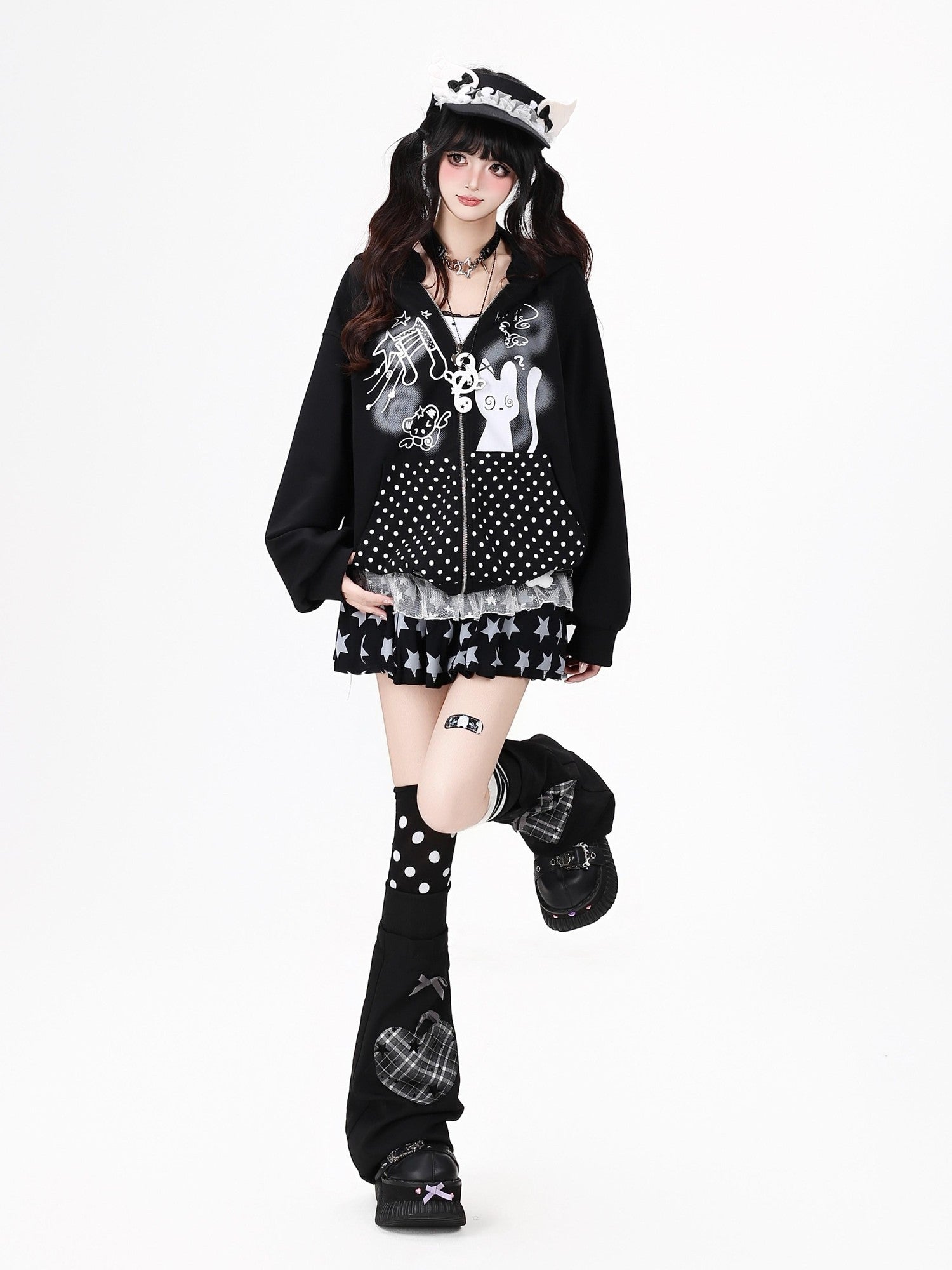 Crazy Girl Black White Polka Dot Cat Ruffle Trim Pocket Hooded Women&