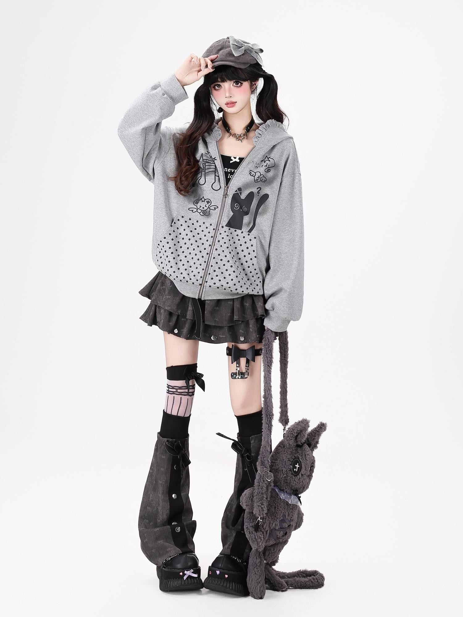 Crazy Girl Black White Polka Dot Cat Ruffle Trim Pocket Hooded Women&
