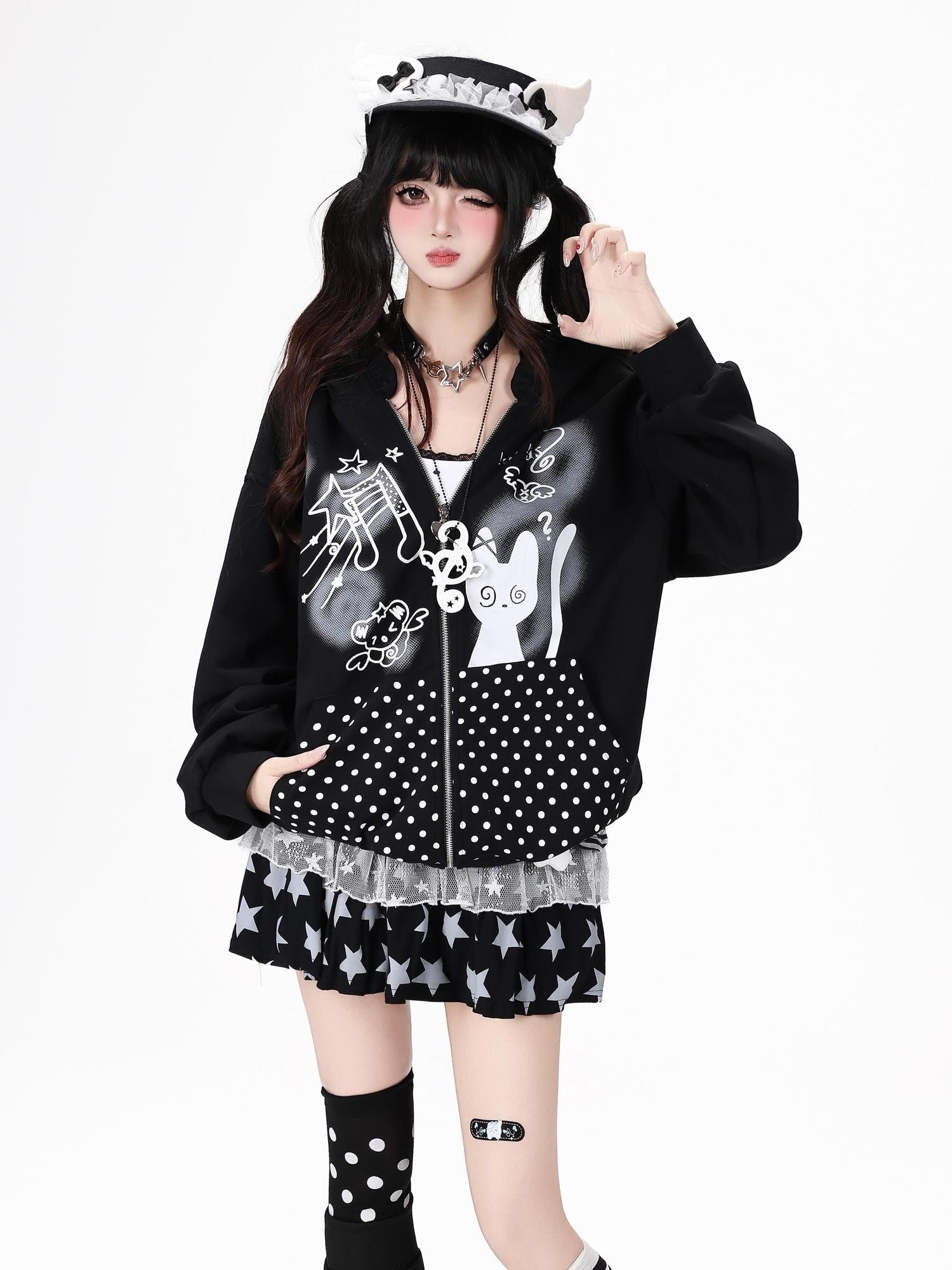 Crazy Girl Black White Polka Dot Cat Ruffle Trim Pocket Hooded Women&