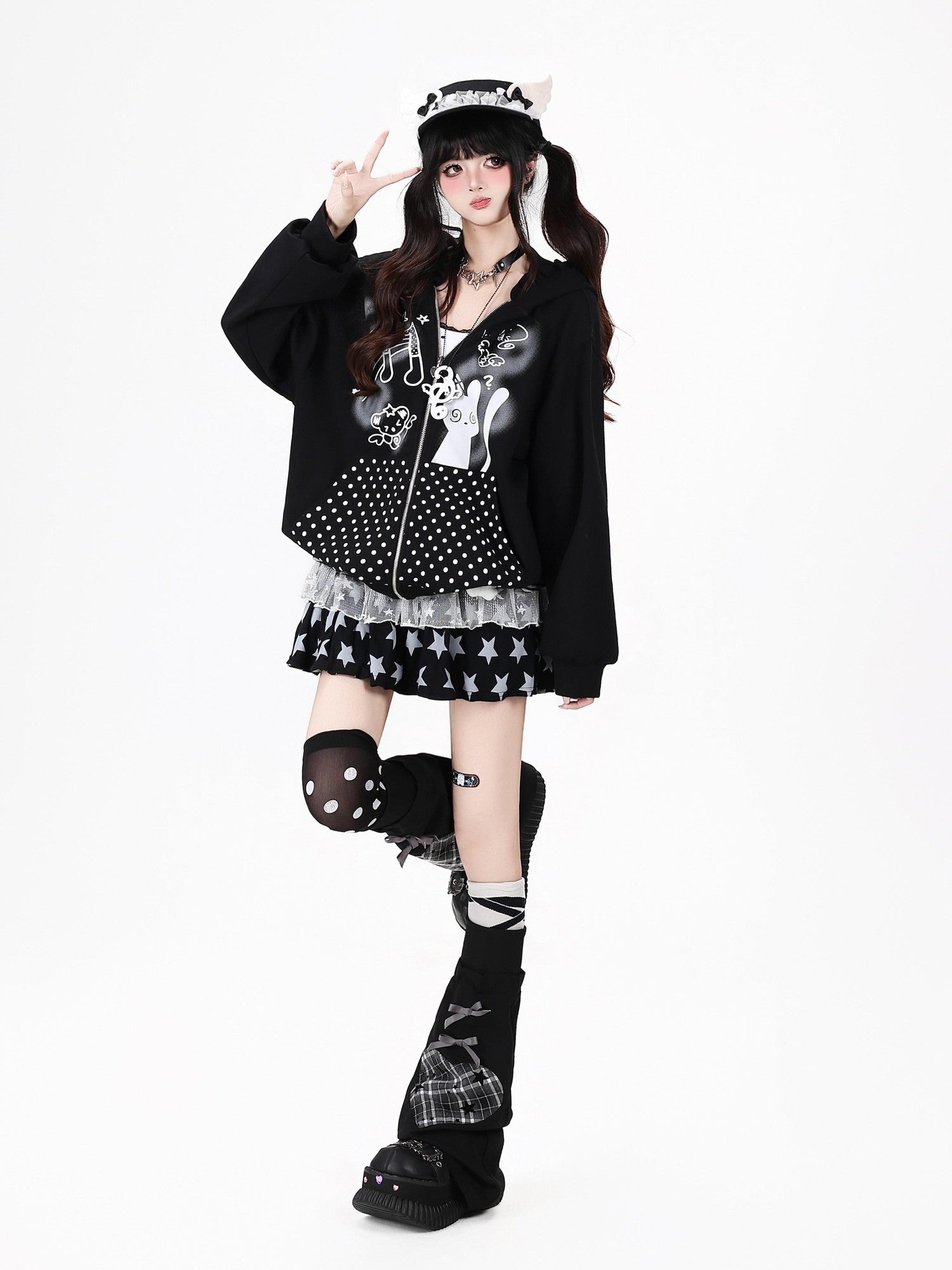Crazy Girl Black White Polka Dot Cat Ruffle Trim Pocket Hooded Women&