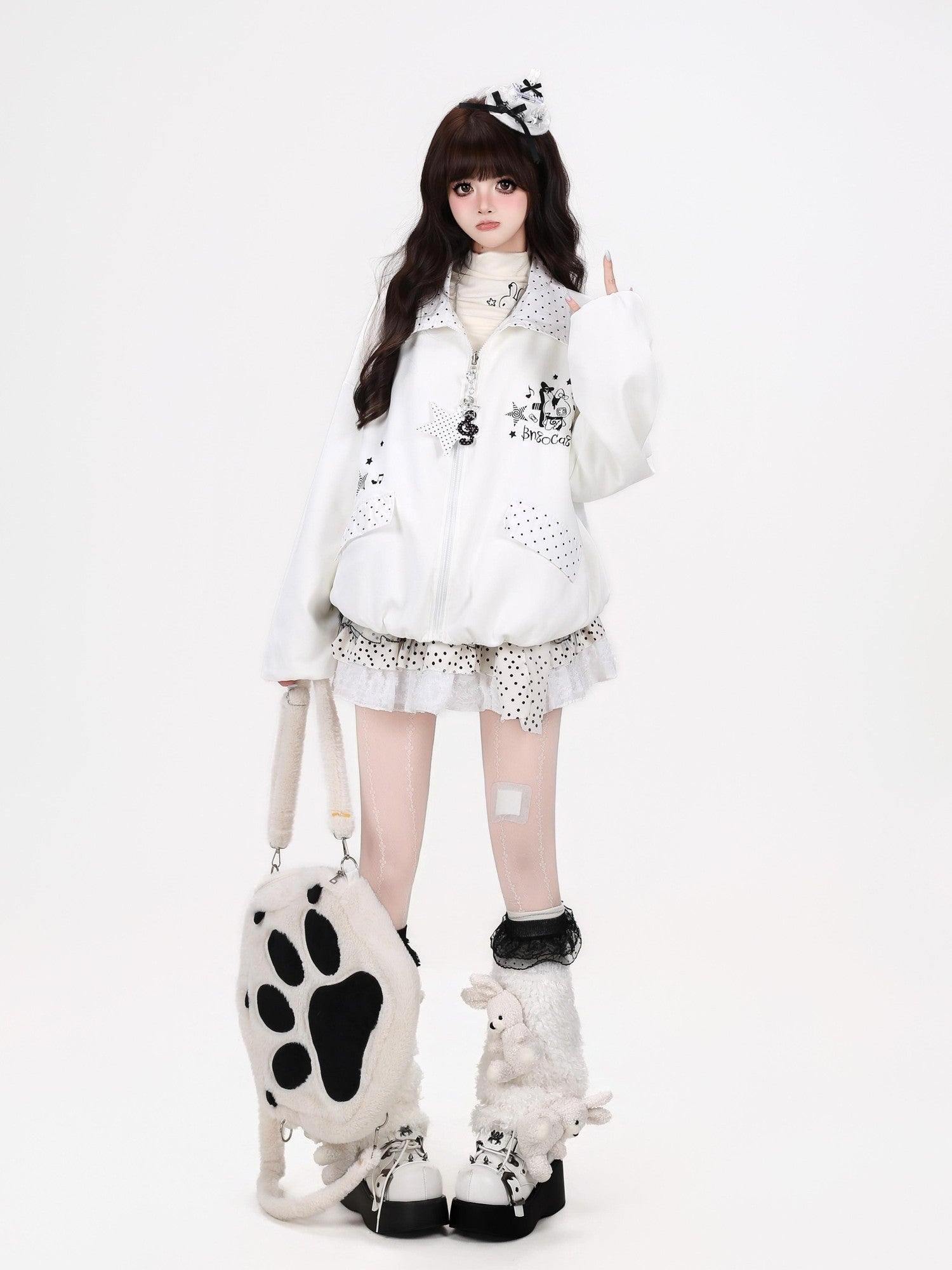 Crazy Girl Black White Polka Dot Reversible Lapel Zipper Loose Fit Women&