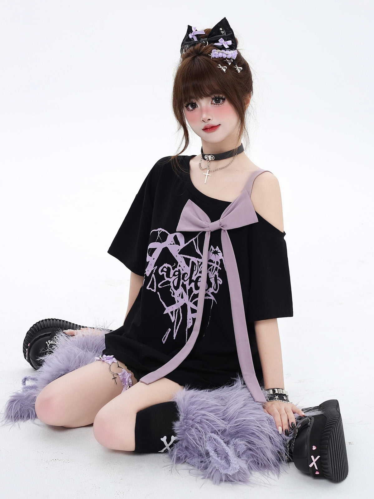 Crazy Girl Bow Letter Print Off Shoulder Short Sleeve Casual Women&