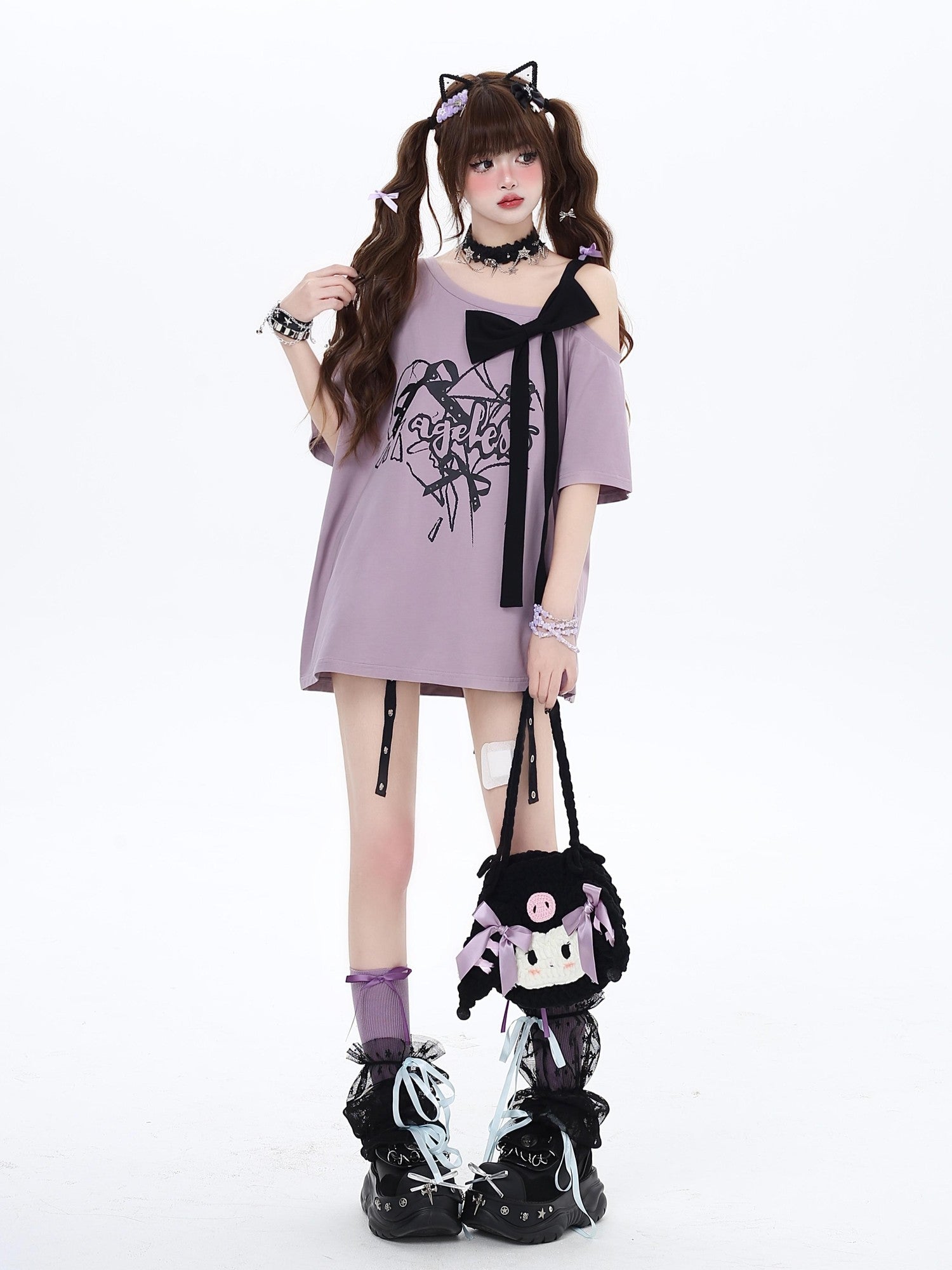 Crazy Girl Bow Letter Print Off Shoulder Short Sleeve Casual Women&