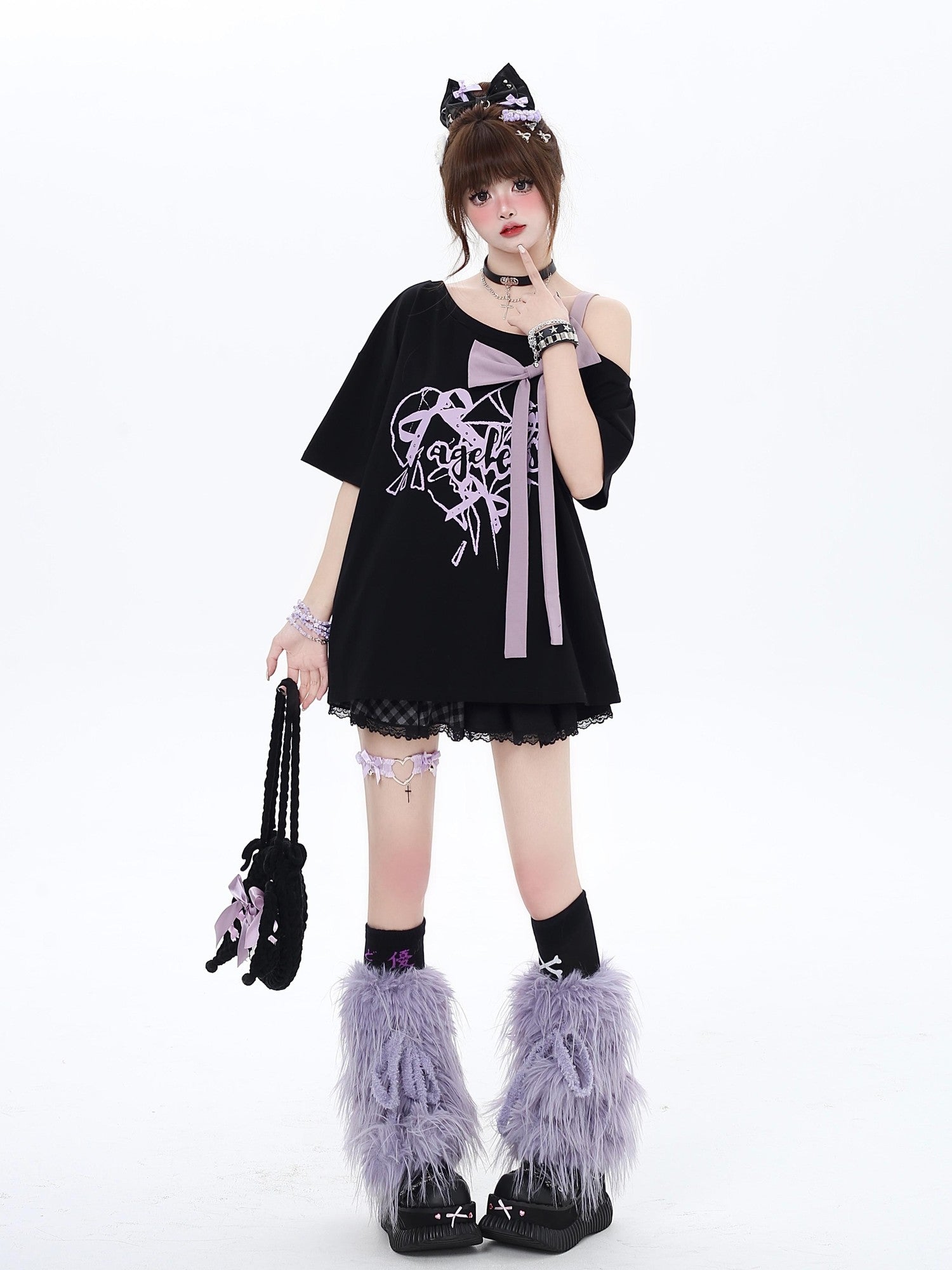 Crazy Girl Bow Letter Print Off Shoulder Short Sleeve Casual Women&