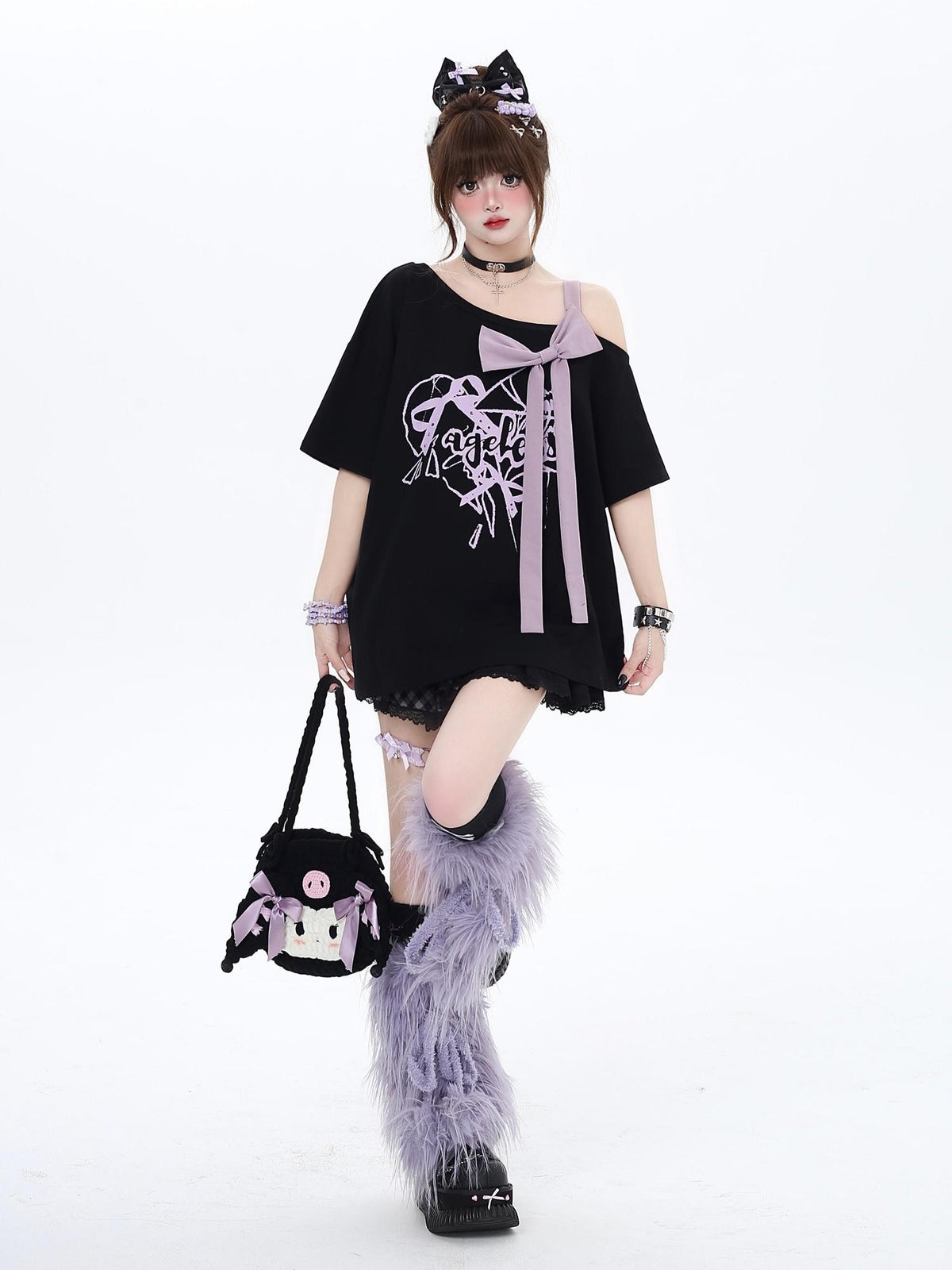Crazy Girl Bow Letter Print Off Shoulder Short Sleeve Casual Women&