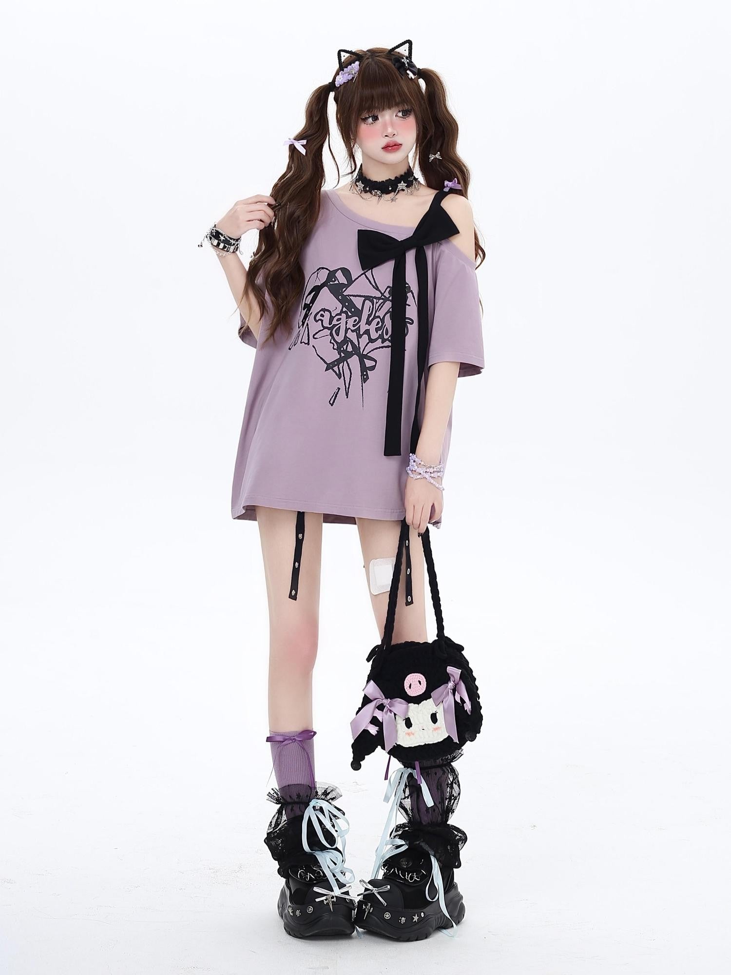 Crazy Girl Bow Letter Print Off Shoulder Short Sleeve Casual Women&