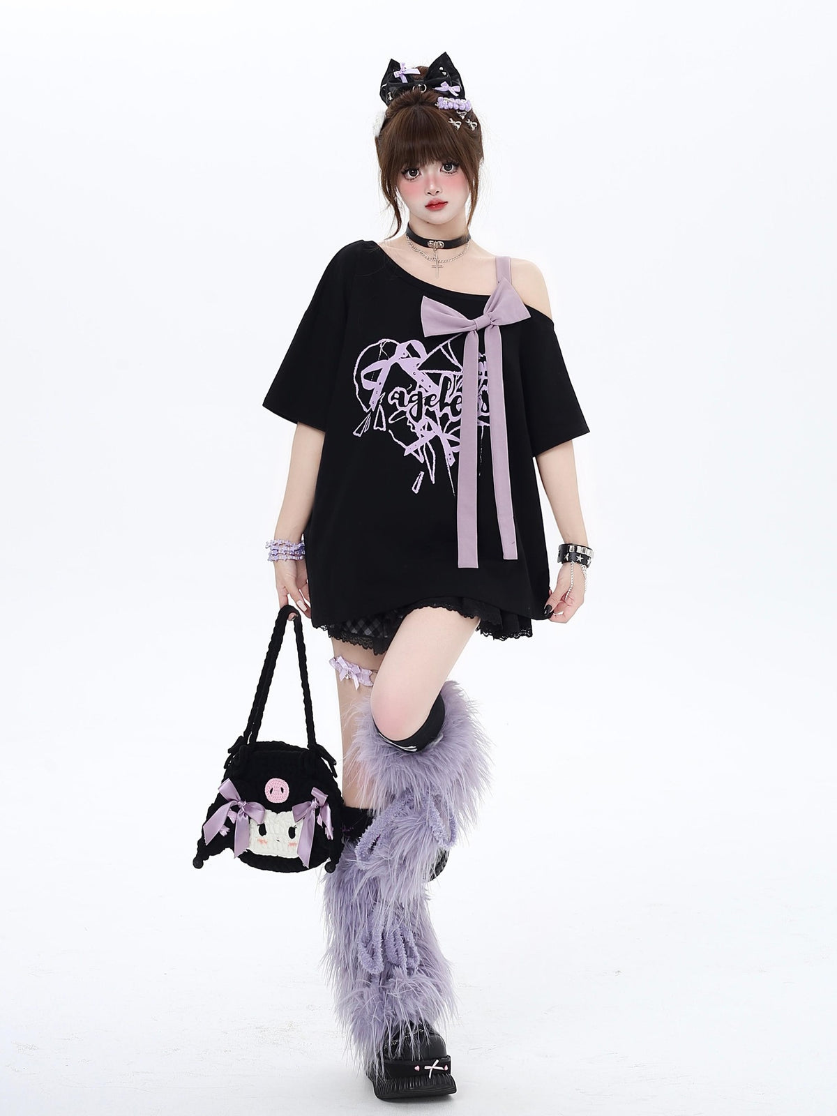 Crazy Girl Bow Letter Print Off Shoulder Short Sleeve Casual Women&