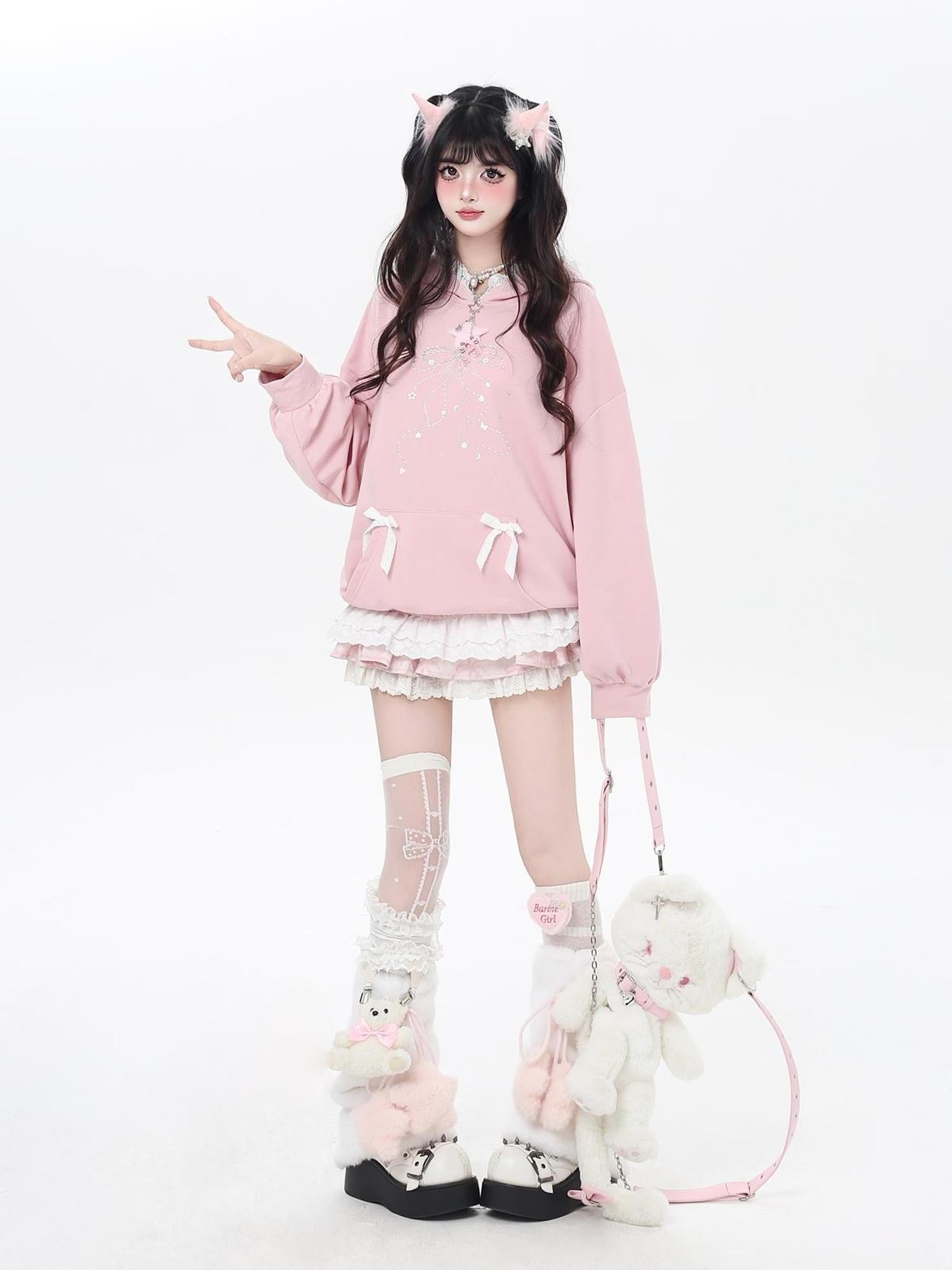 Crazy Girl Bow Rhinestone Lace Cartoon Print Loose Hooded Women&