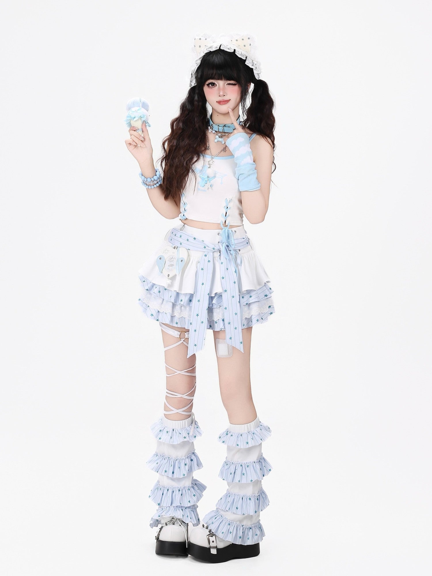 Crazy Girl Bow Tie Lace Up Ruffled High Waist Women&
