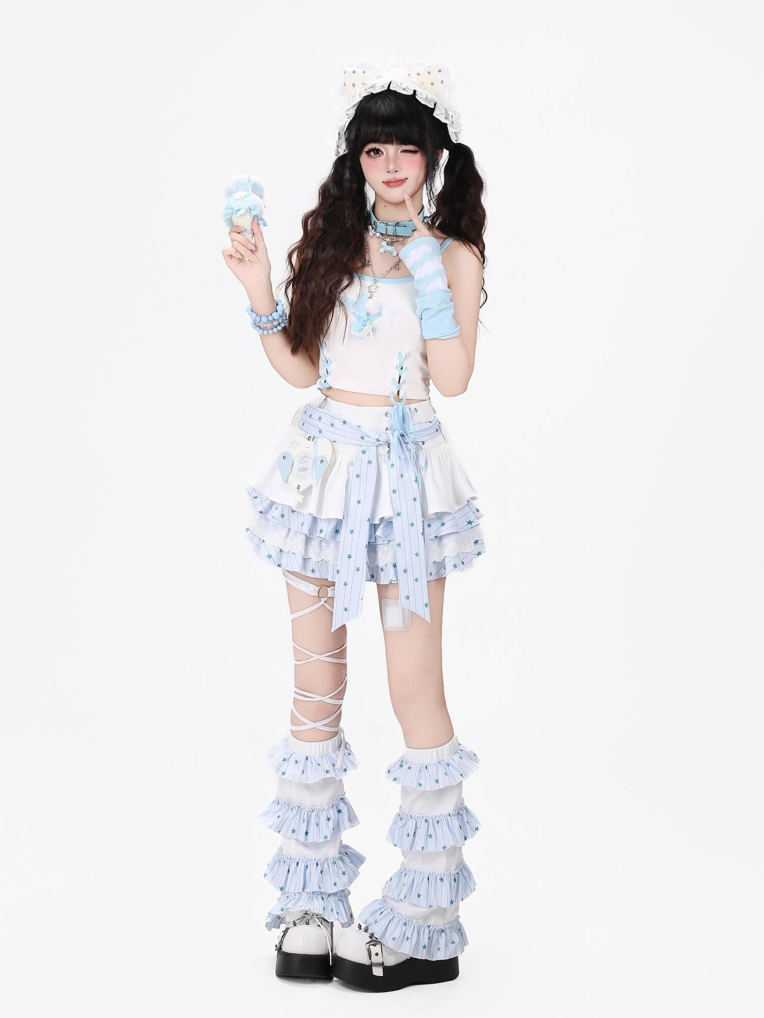 Crazy Girl Bow Tie Lace Up Ruffled High Waist Women&