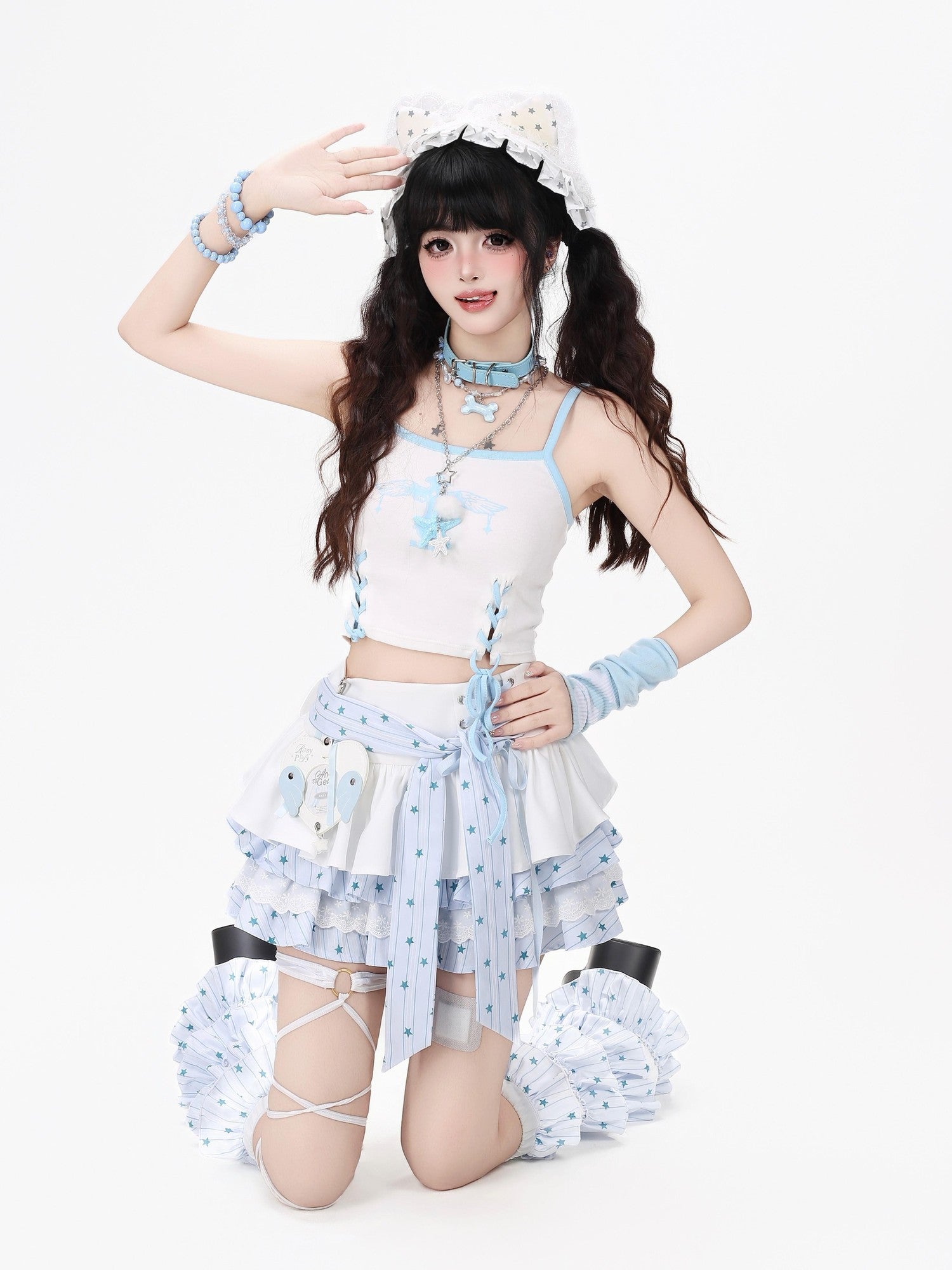 Crazy Girl Bow Tie Lace Up Ruffled High Waist Women&