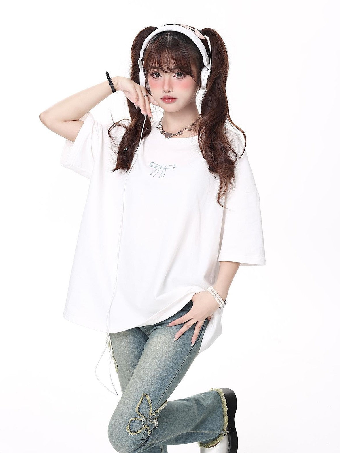 Crazy Girl Bowknot Tie Up Original Design Round Neck Mid Length Women&