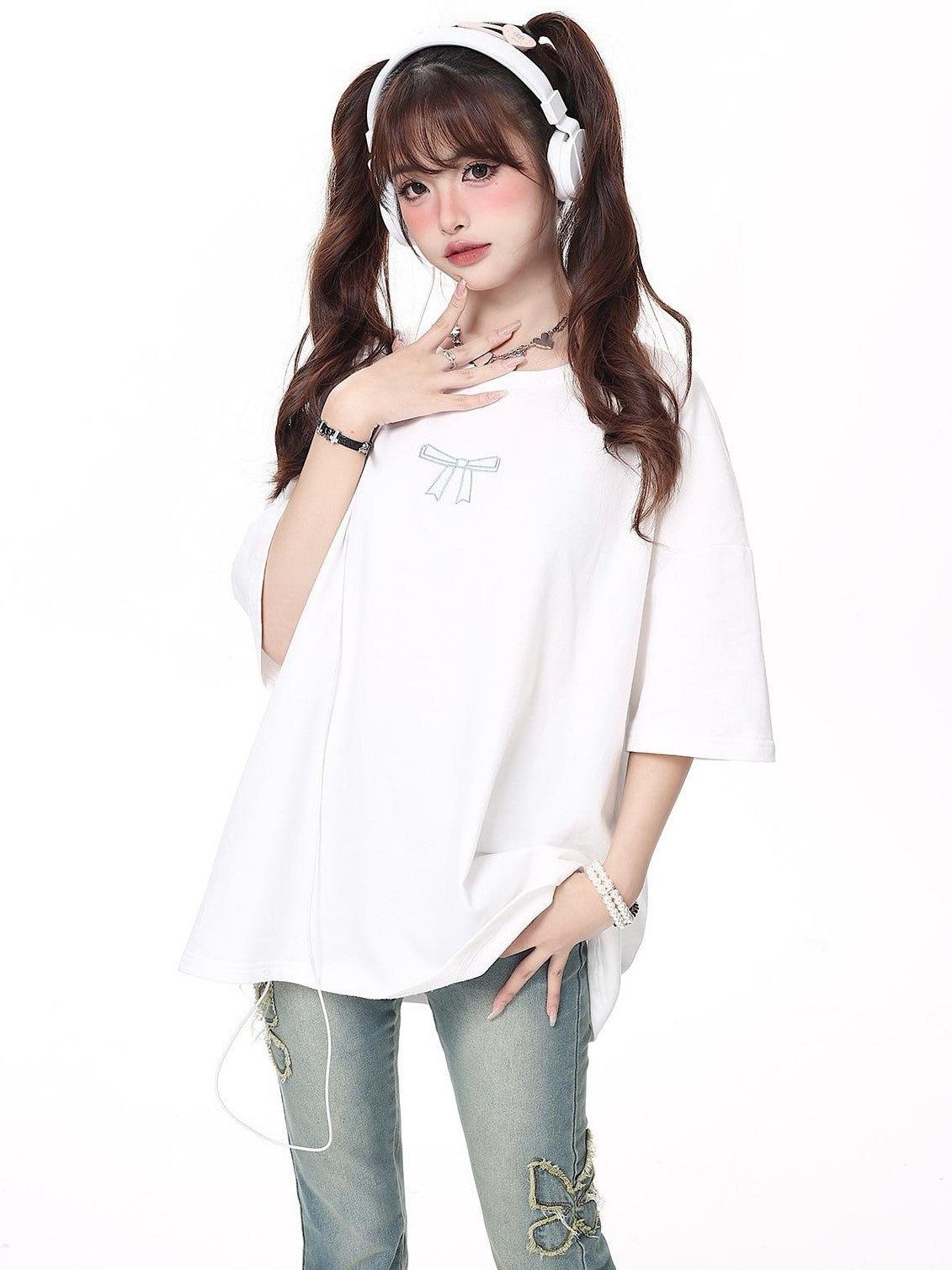 Crazy Girl Bowknot Tie Up Original Design Round Neck Mid Length Women&