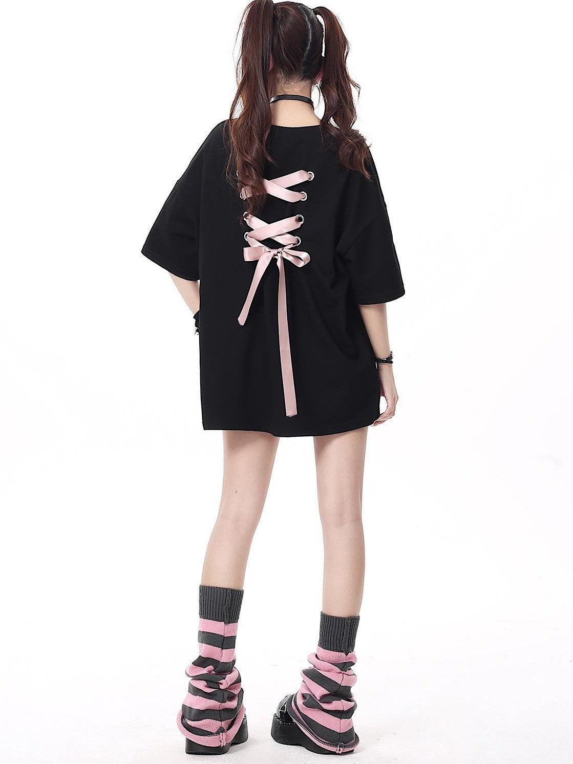 Crazy Girl Bowknot Tie Up Original Design Round Neck Mid Length Women&