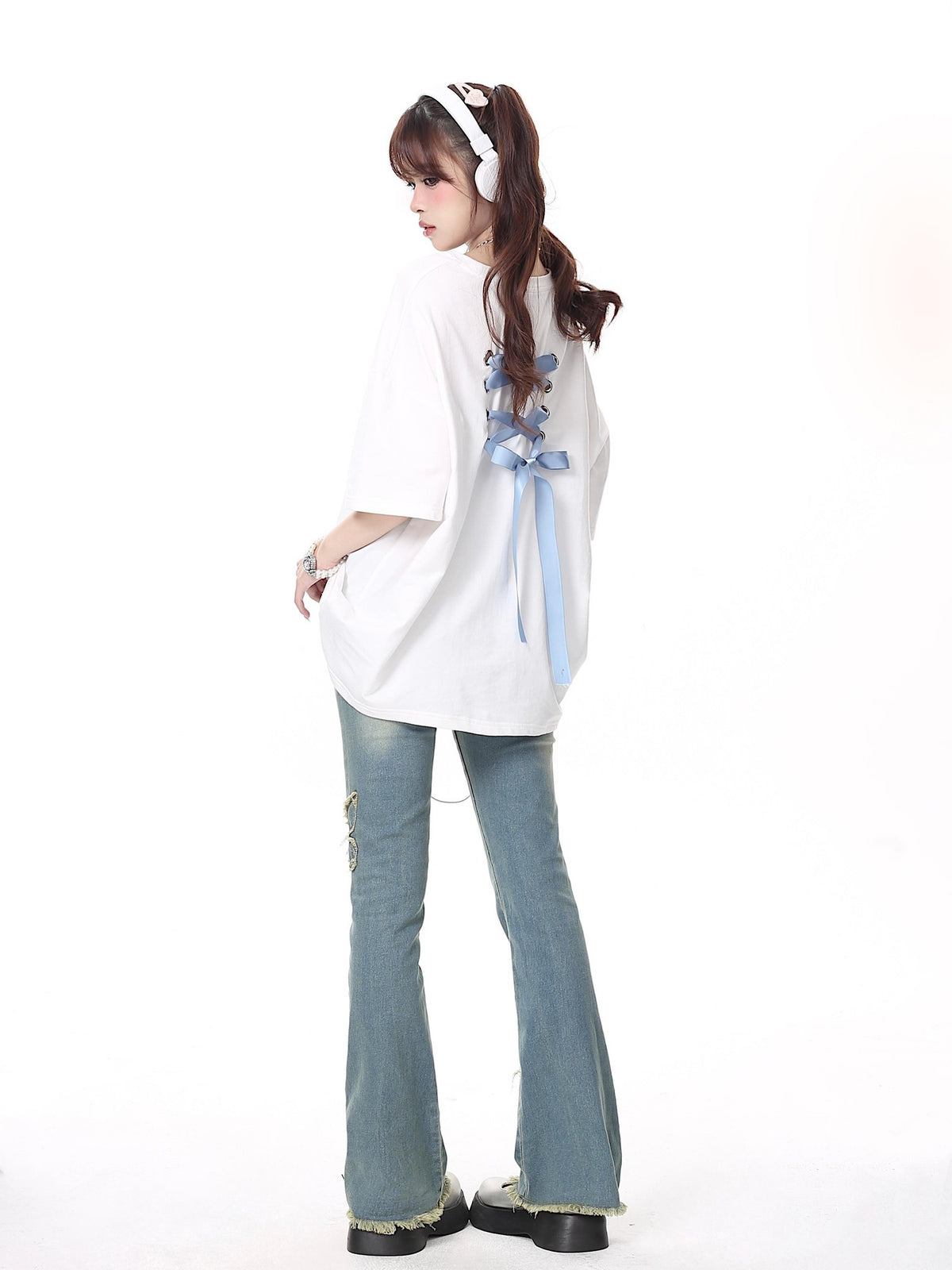 Crazy Girl Bowknot Tie Up Original Design Round Neck Mid Length Women&