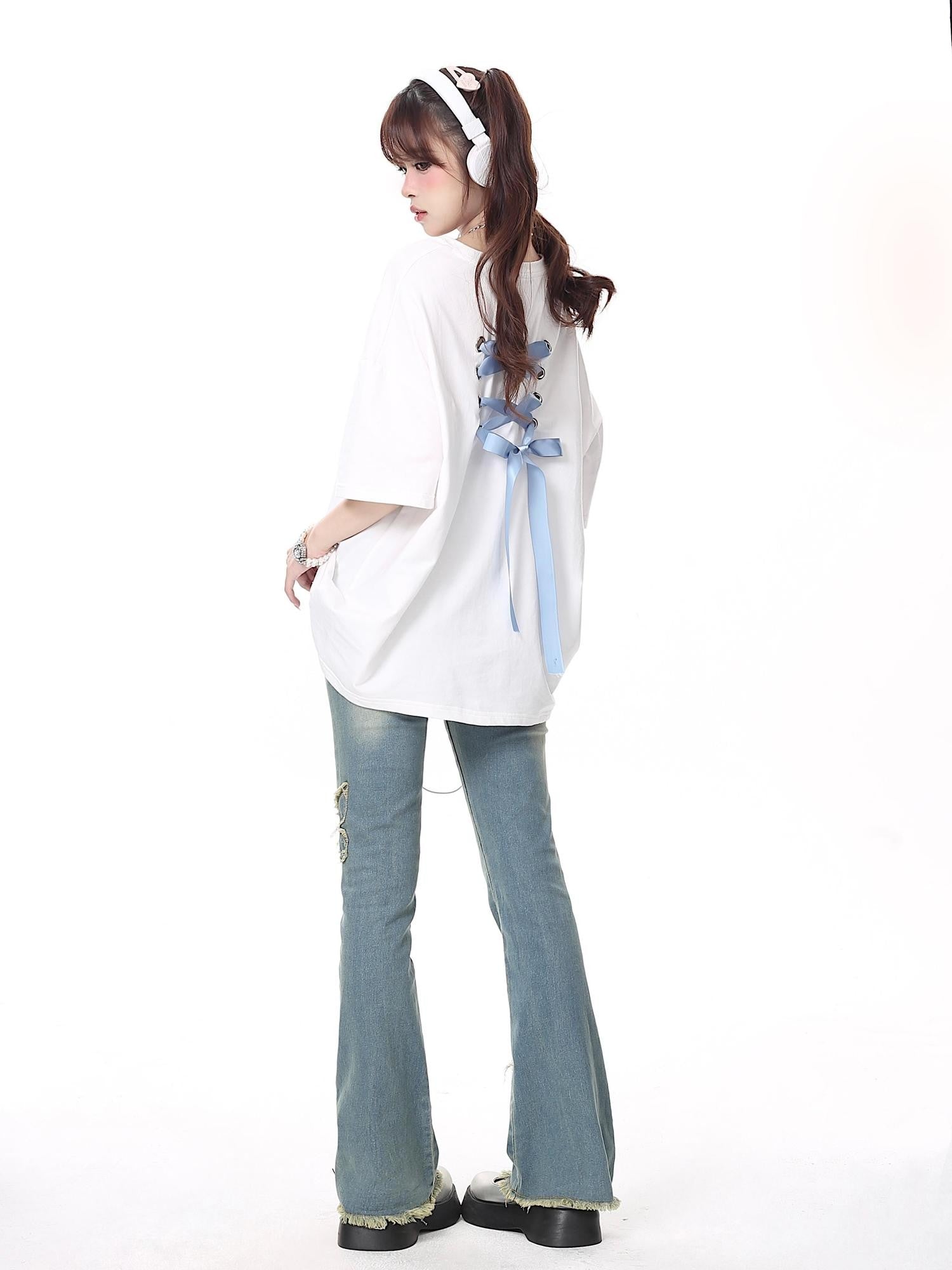Crazy Girl Bowknot Tie Up Original Design Round Neck Mid Length Women&