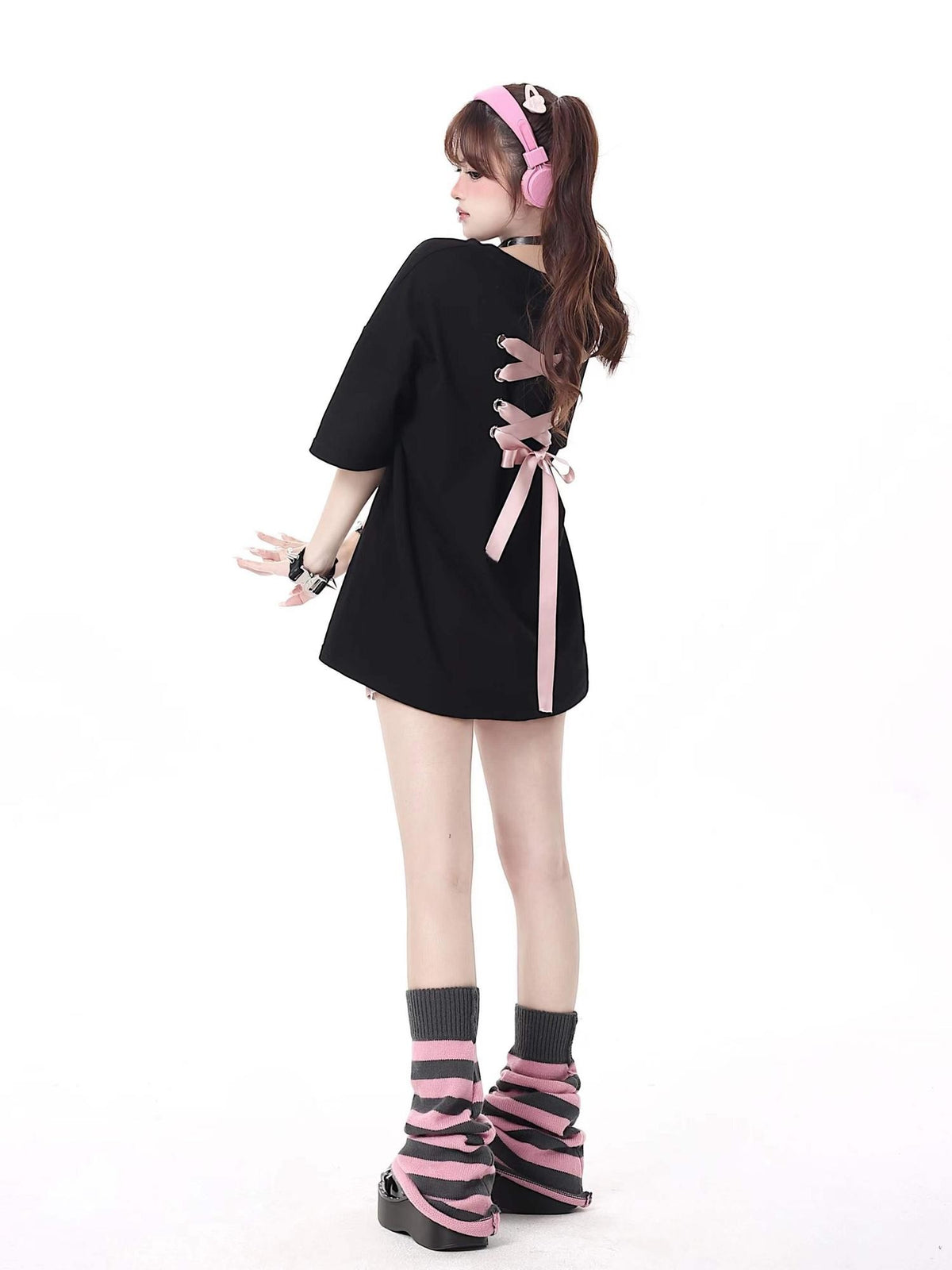 Crazy Girl Bowknot Tie Up Original Design Round Neck Mid Length Women&