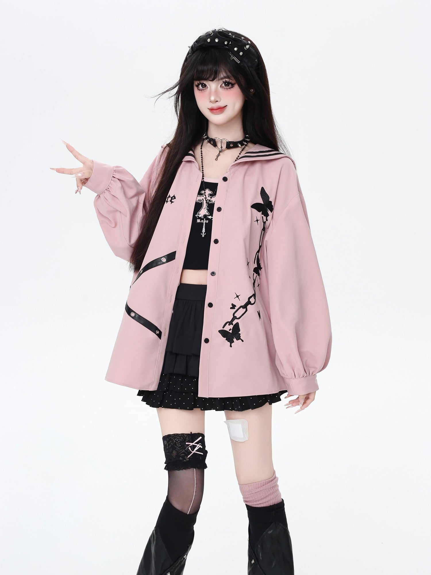 Crazy Girl Butterfly Embroidered Sailor Collar Hooded Puff Sleeves Loose Women&