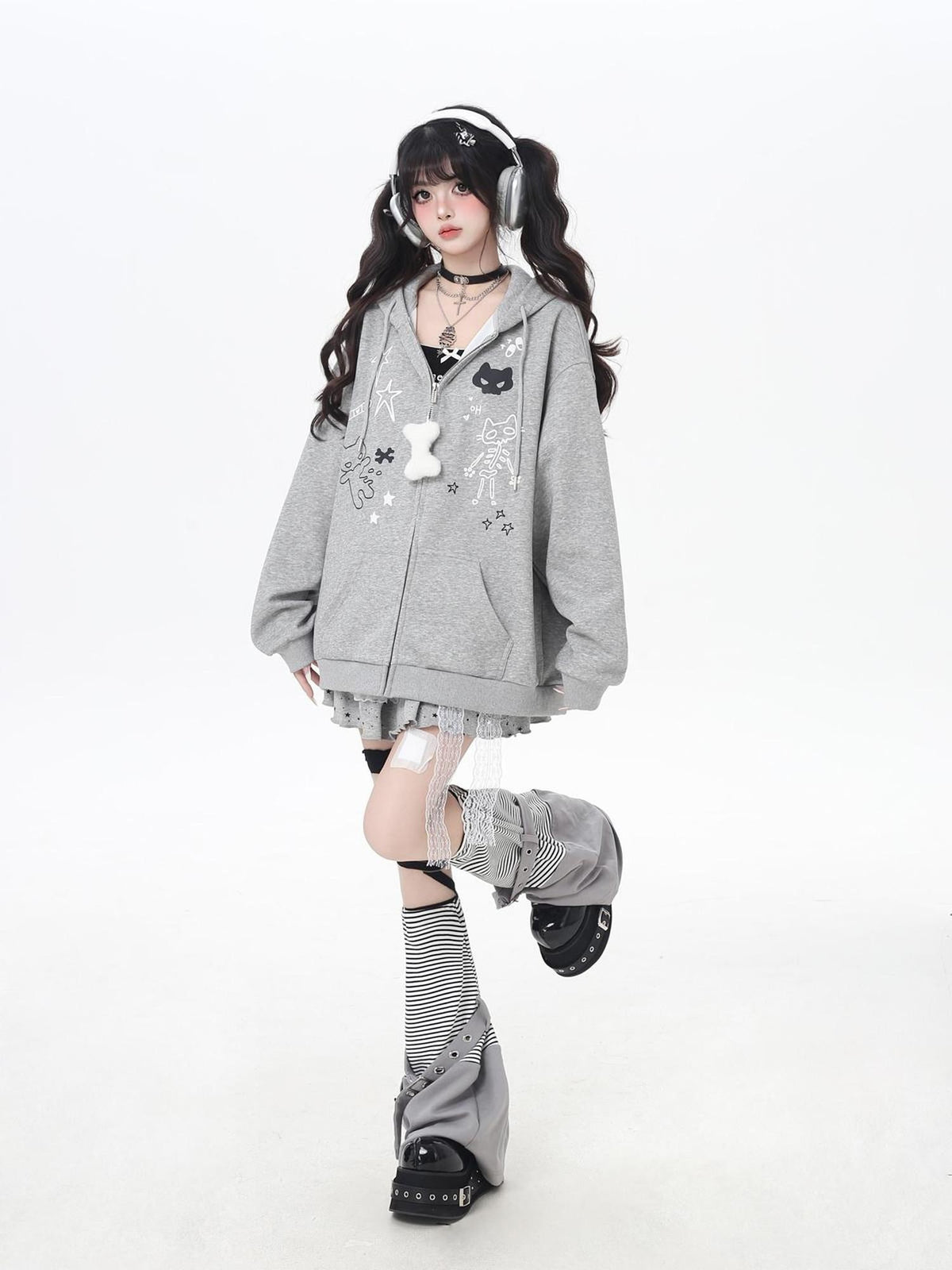 Crazy Girl Cartoon Cat Ear Tie Hooded Oversized Women&