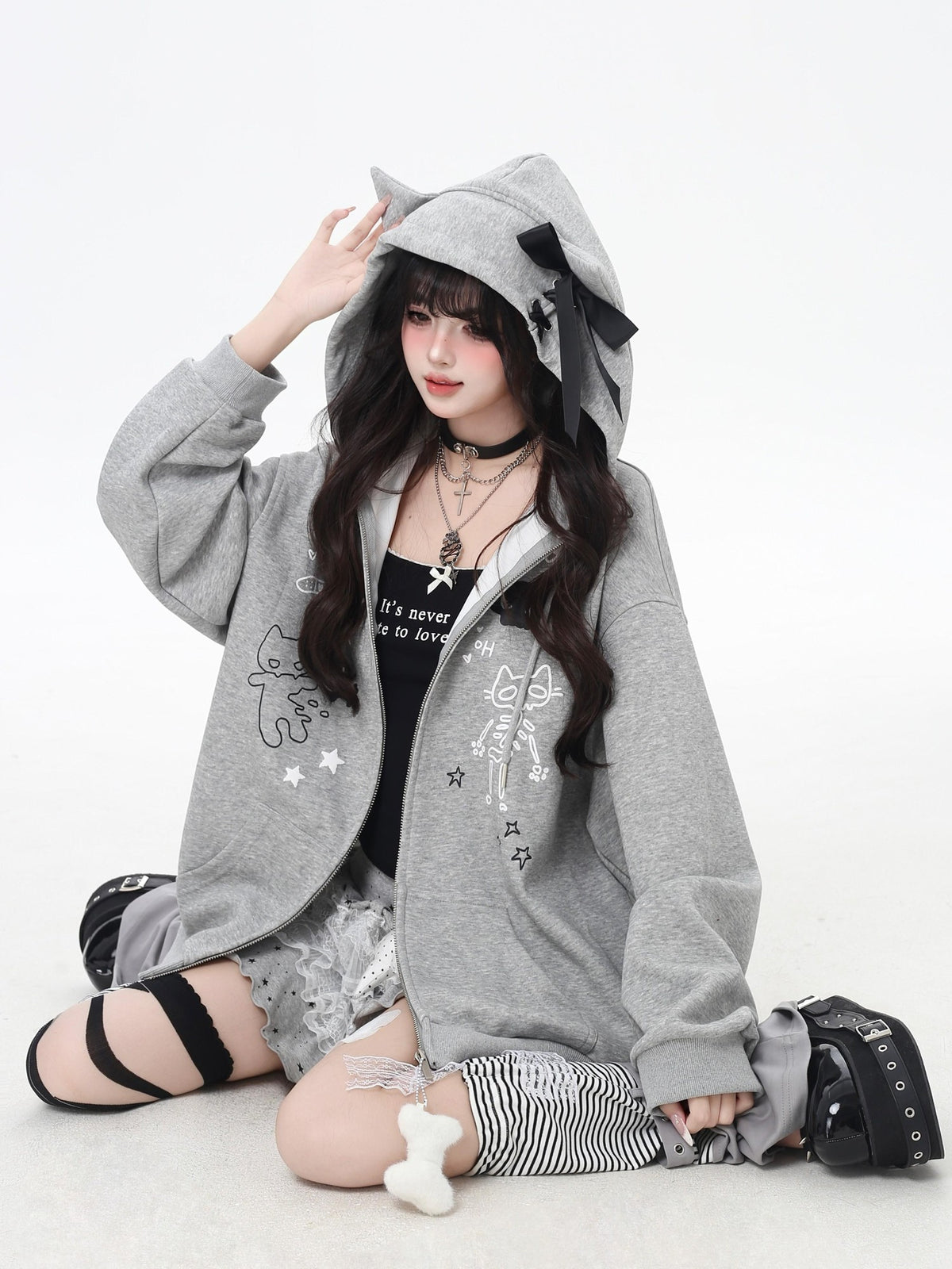 Crazy Girl Cartoon Cat Ear Tie Hooded Oversized Women&